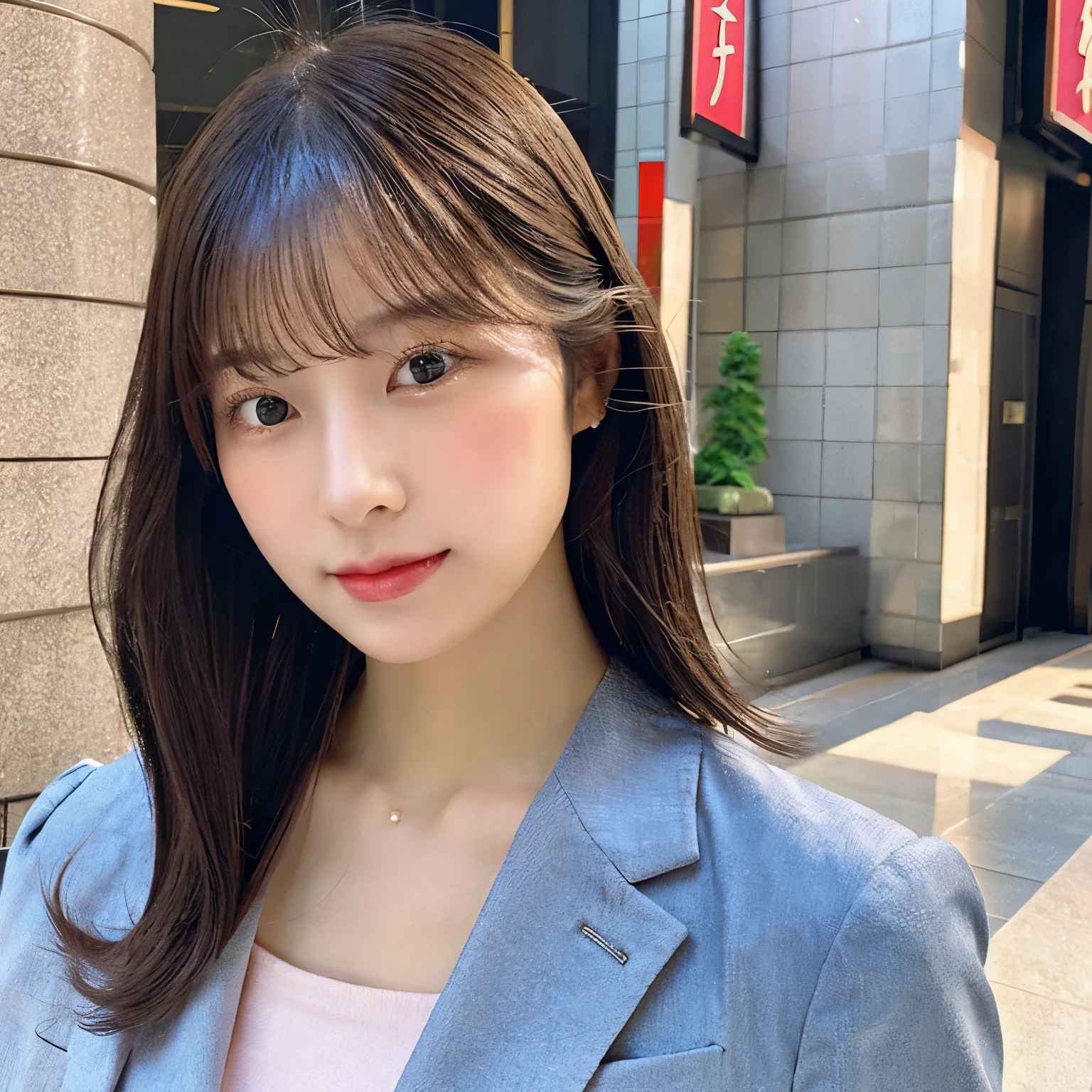 Gentle and charming Chinese beautiful woman, half-length photo, delicate and sexy collarbone, charming oval face, double eyelids, vivid peach blossom eyes, pink lips, small nose, bare shoulders, focused face, face close-up, ultra-high-definition, Super details, elegant standing posture, Korean style puff sleeve square collar slim short shirt, matched with high waist light-colored jeans suit