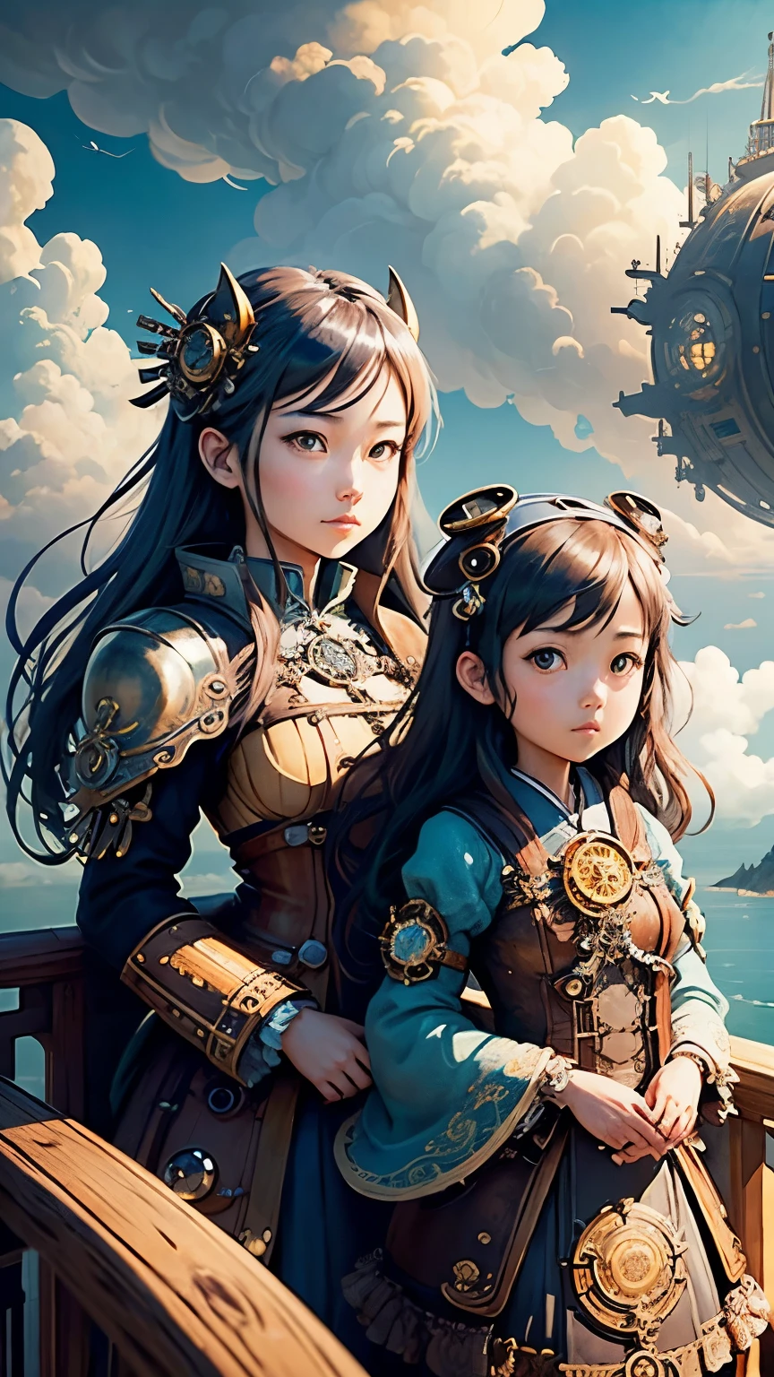steampunkai。highest quality。masterpiece。detailed details。two beautiful girls。Japanese high school girl in steampunk style。View the sea of clouds from the railing of the sky fortress。aerial perspective。The background is blue sky and white clouds。Looking up at the huge dragon that covers the sky。