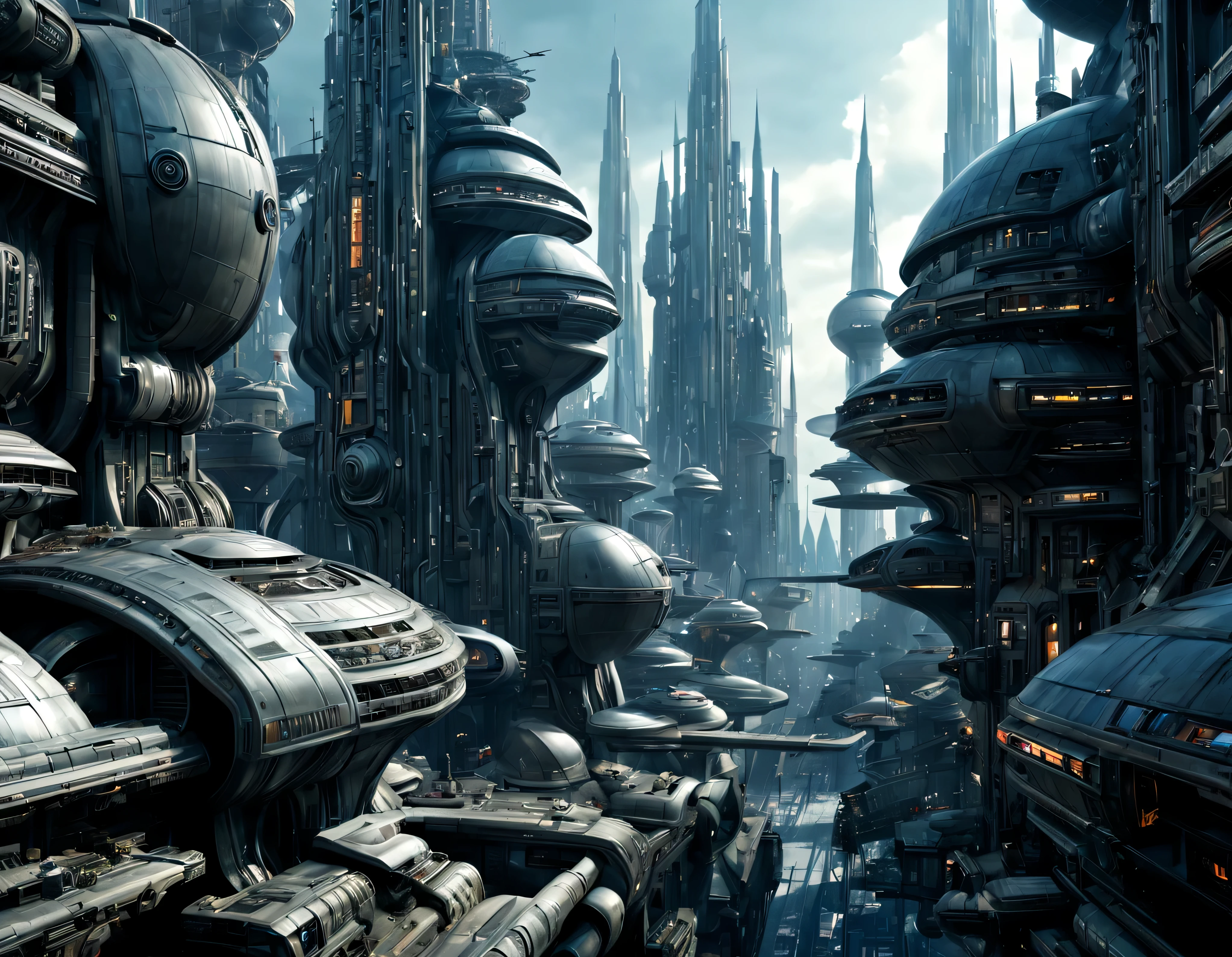street of an extraterrestrial alien megalopoli mezcla de coruscant de star wars , disneyland y la ciudad futurista de tomorrowland), with futuristic and technological architecture in its metal and glass conglomerado de buildings y rascacielos, some aliens walking around, ventanas iluminadas, all full of imagination, science fiction and (intrincados detalles de la maquina).imagen fotorrealista, Maximum sharpness, calidad 8k.(obra maestra de calidad superior). 3D. cyberpunk, century XXV technolo
