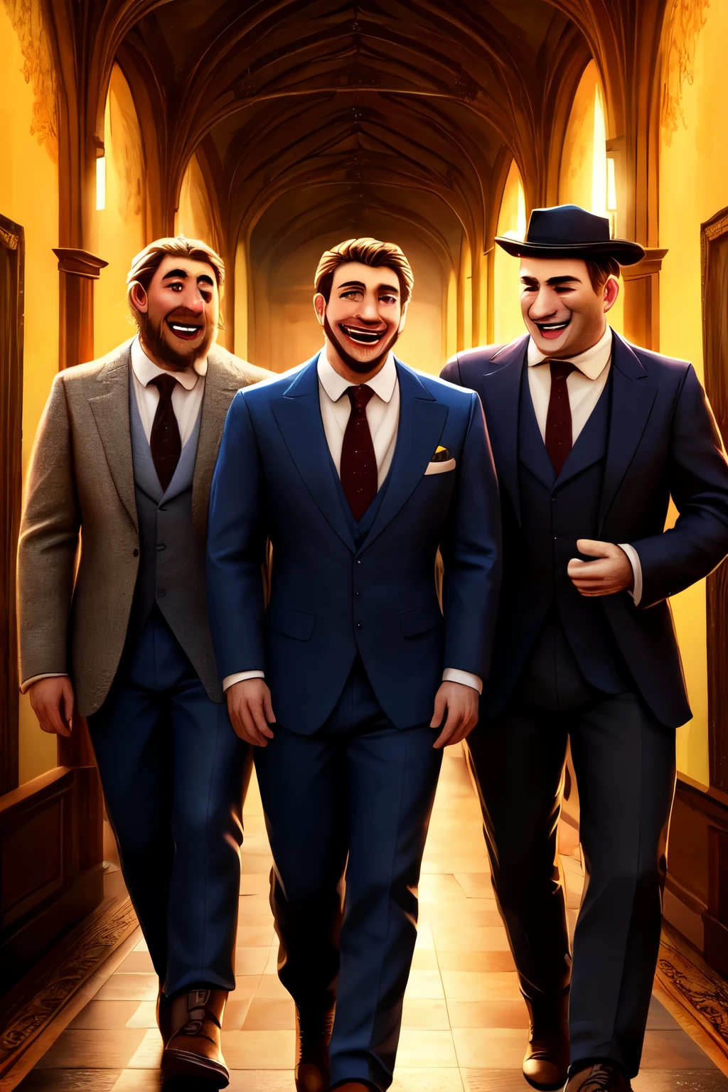 (masterpiece, best quality:1.3), ((4 men)), (English man),(French man), (German man), (Spanish man),walking, happy, laughing, facial expressions, extremely high detailed, intricate, 8k, HDR, wallpaper, cinematic lighting,