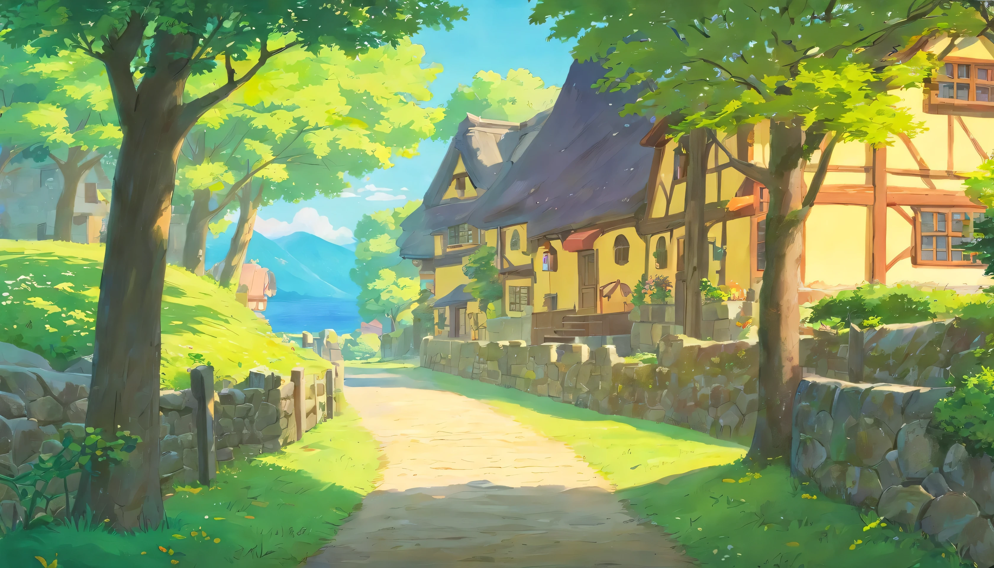 (very detailed and high quality), Scenic natural landscape, village, rustic charm,, (a waiting artist), (detailed landscape), (outdoors), High resolution, Very colorful environment, calm and serene, Beautiful soft light filtering through the trees, winter,Brilliant,ghibli style