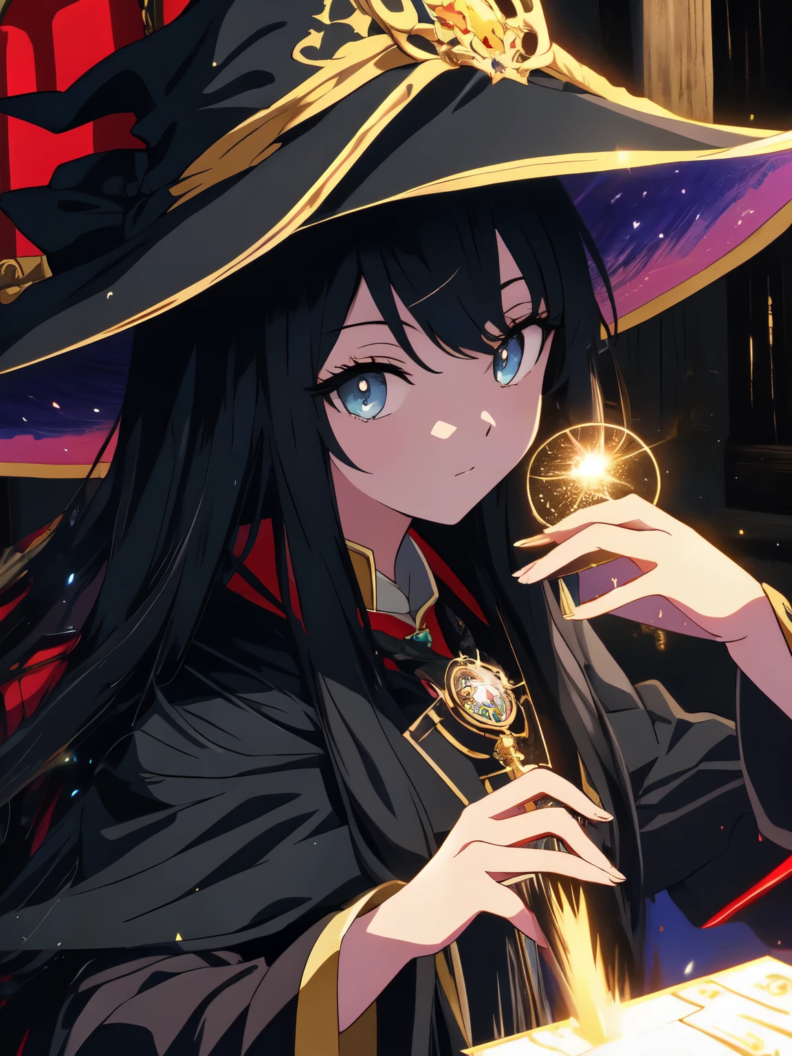 highest quality、masterpiece、High quality、anime、Shining eyes、villain, 200 year old witch, long black hair, Magic shines in her hands