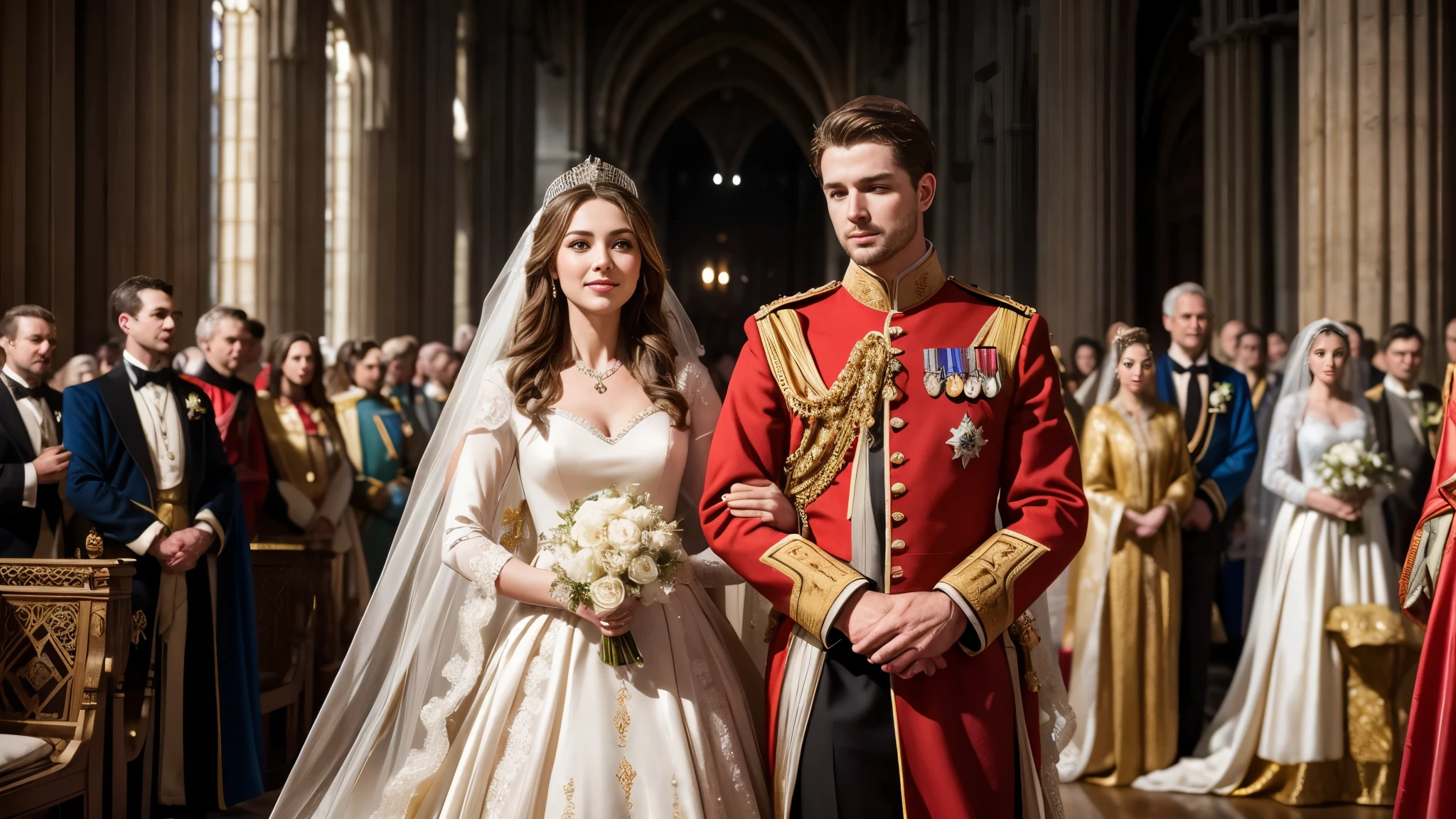 Create a photorealistic, 32K Resolution, high quality, realism, and high detail image depicting the marriage of Henry III to the beautiful Eleanor of Provence. Show them standing together in a regal setting, perhaps in a cathedral or palace adorned with flowers and lavish decorations. Capture the elegance and grace of Eleanor in her wedding attire, radiating joy and anticipation as she becomes queen consort. Utilize dynamic lighting and composition to convey the romance and splendor of this royal union, highlighting the love and devotion between Henry and Eleanor on their wedding day.