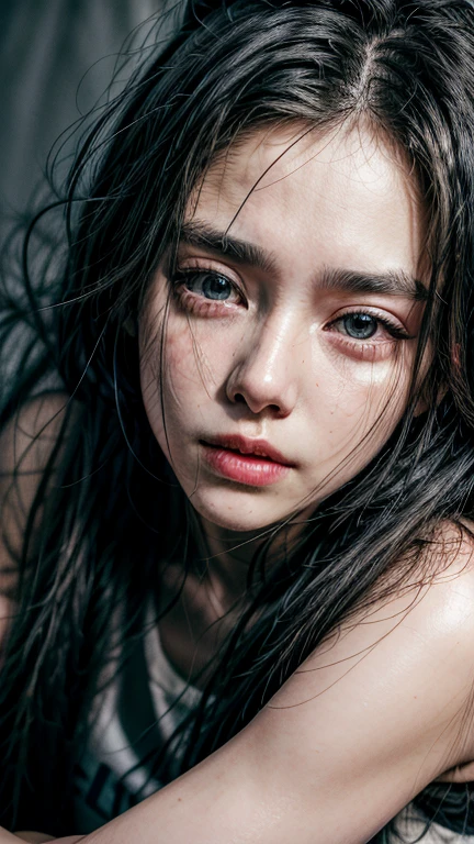 1girl wearing t-shirt in rainy day,black hair, hair bobbles, wince, longeyelashes, solid circle eyes, pov, atmospheric perspective, 8k, super detail, ccurate, best quality, high quality, retina, UHD, masterpiece, ccurate, anatomically correct, 4K, 16k, 1080P, HD, highres