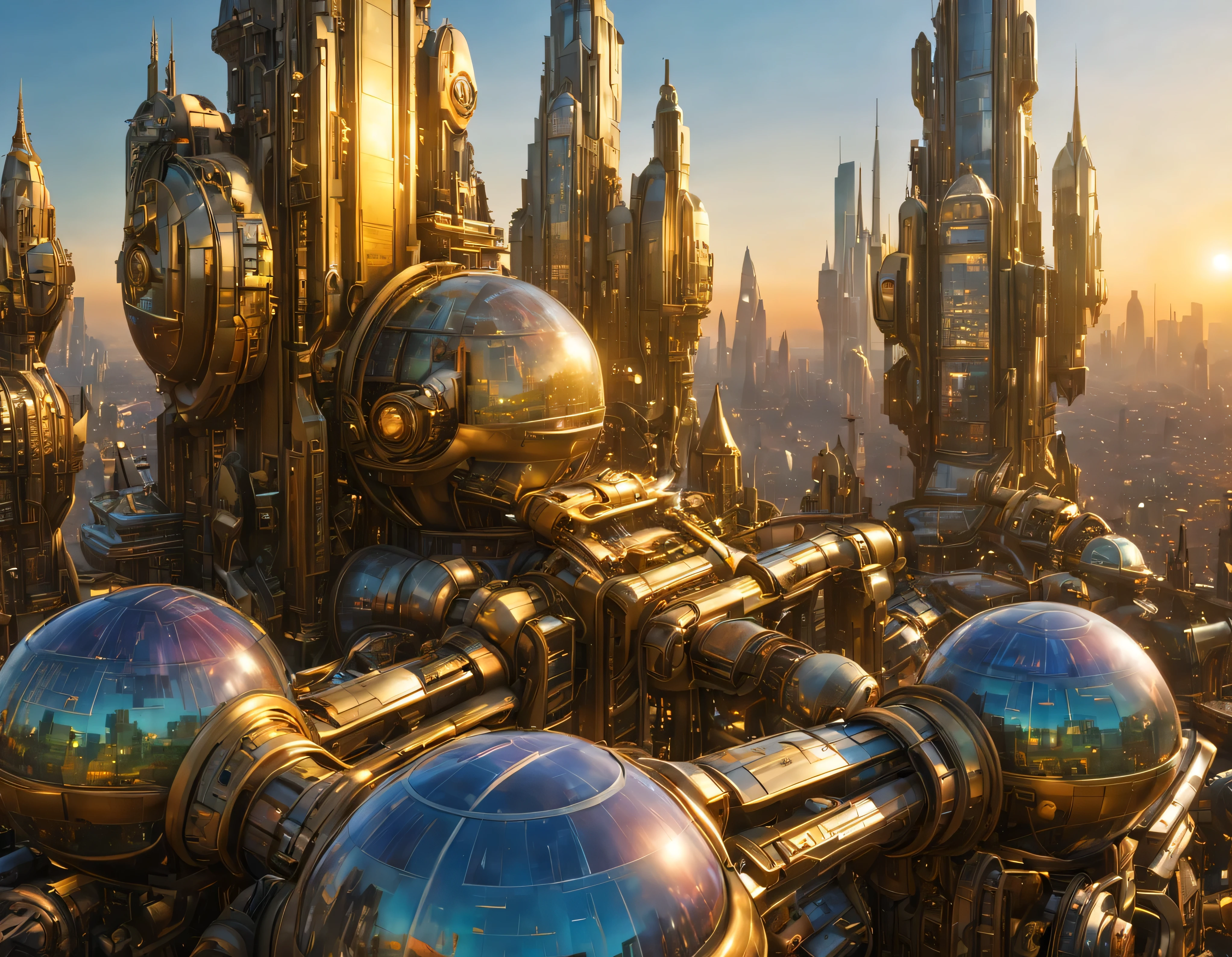(golden hour lighting), megacity, megalopolis of an imaginary world of science fiction , parecido a una disneylandia futurista, and maximum fantasy, con inmensos edificios y rascacielos ovalados y dodecaedricos agrupados de metal y cristal donde predomina la plata y los anuncios luminosos de colores. imagen bien definida 8k, (intrincados detalles de la maquina), con muchos edificios juntos.(obra maestra de superior calidad).(imagen fotorrealista), nitidez absoluta hasta el fondo