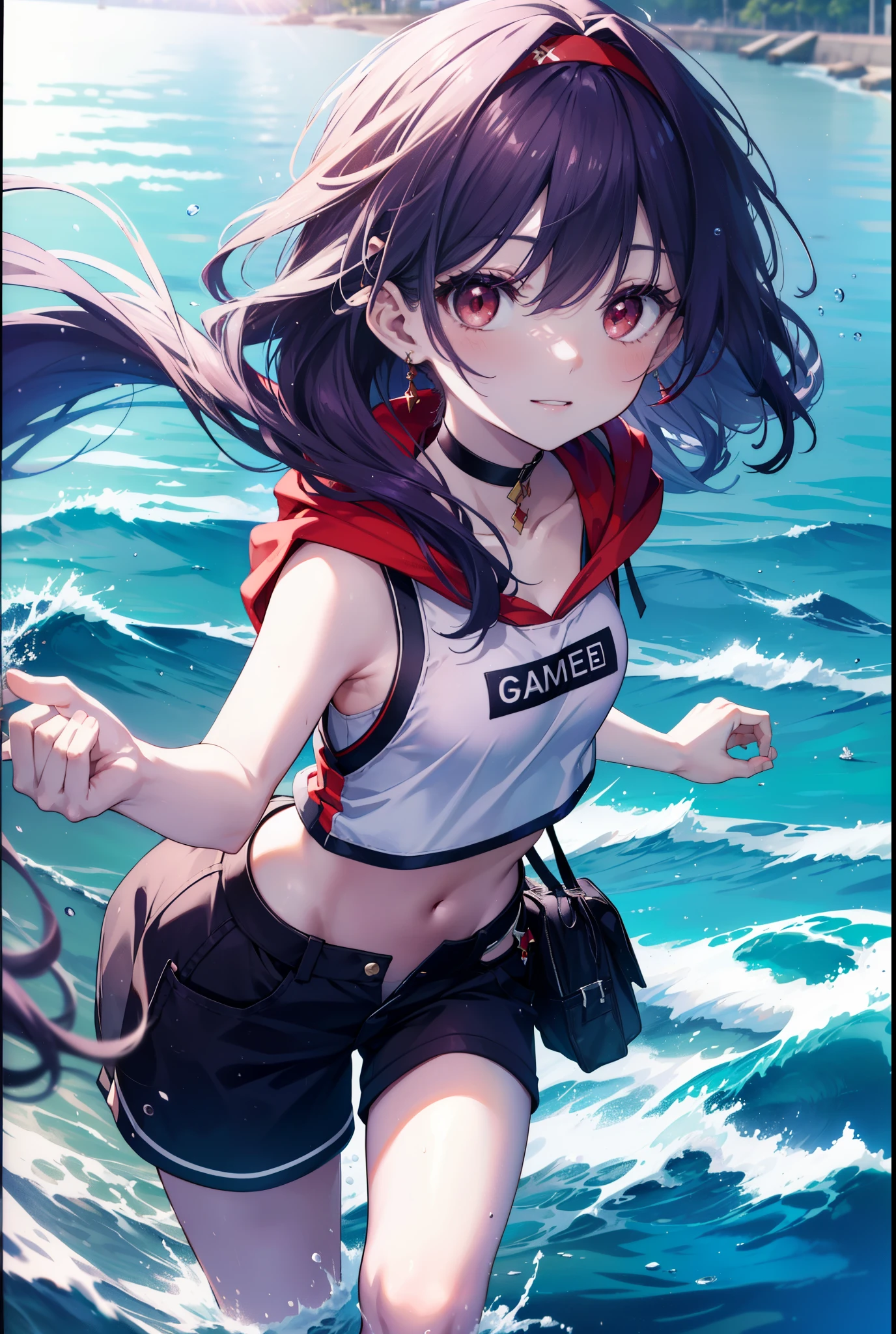 yuukikonno, Yuki Konno, long hair, hair band, pointed ears, purple hair, smile,blush,(red eyes:1.5), (small breasts:1.2), open your mouth,purple sleeveless hoodie,wearing a hood,The front is open,It&#39;s a bellybutton,T-shirt,shorts,barefoot,Cute Sandals,Midsummer,Palm tree,daytime,Light of the sun,
壊す looking at viewer, Upper body, whole body,
break outdoors, coastal street,destroy the beach (masterpiece:1.2), highest quality, High resolution, unity 8k wallpaper, (figure:0.8), (detailed and beautiful eyes:1.6), highly detailed face, perfect lighting, Very detailed CG, (perfect hands, perfect anatomy),