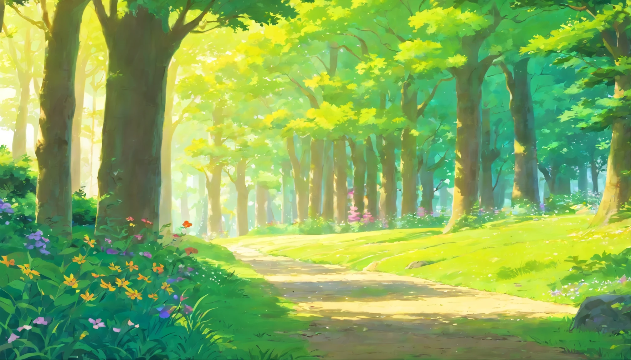 (very detailed and high quality), Scenic natural landscape, rustic charm, (a waiting artist), (detailed landscape), (outdoors), High resolution, Very colorful environment, calm and serene, Beautiful soft light filtering through the trees, spring、vivid,Ghibli style