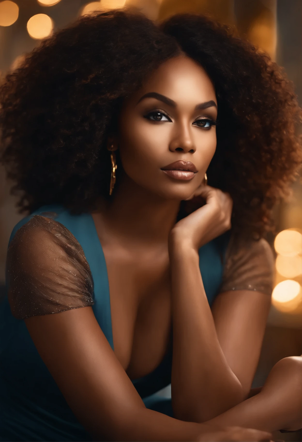 (best quality,highres),beautiful black woman with gorgeous curves,sitting on a stylish chair,arms crossed,vibrant colors,soft lighting,artistic portrait,contemporary style,luxurious texture,ultra-detailed,fine art painting,earth tones,bokeh,smooth skin,long and curly hair,expressive eyes,pouty lips,confident expression,captivating gaze,cheekbones,beautiful complexion,creative lighting effects,modern background,striking composition,subtle elegance