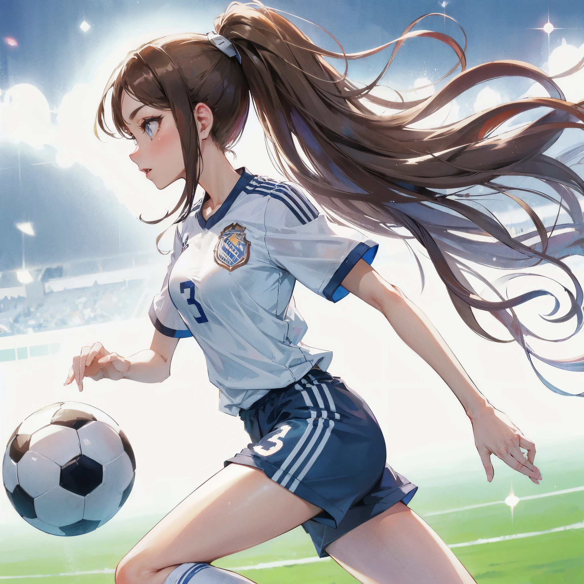 high quality,HD,16k,sharp lines,1 girl,Female soccer athlete ,cute face, large breasts, nice legs,At the soccer venue,focus girl,detailed beautiful face,detailed clothes,beautiful eyes,cool,dynamic angle