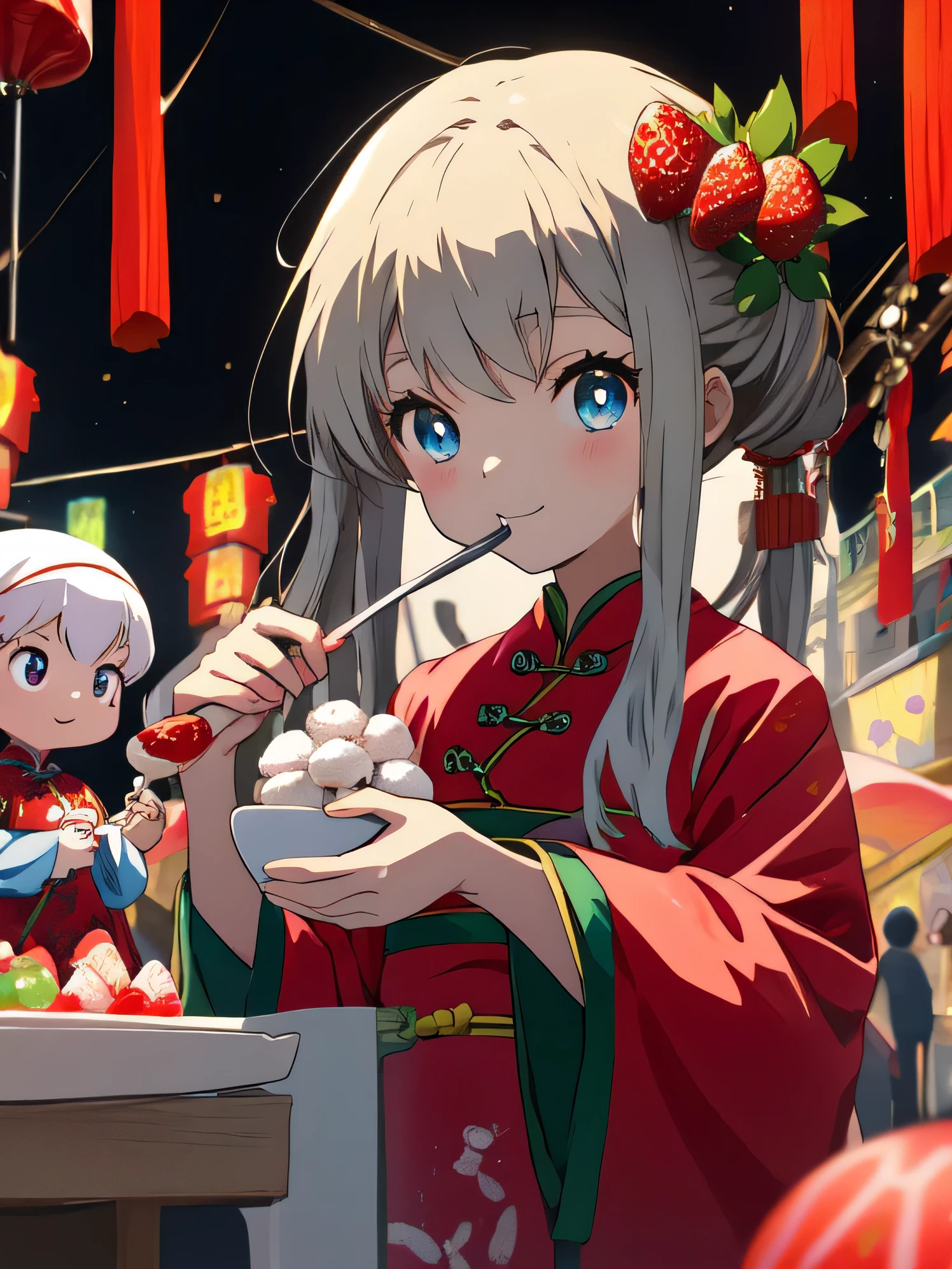 最high quality、masterpiece、high quality、anime、shining eyes、pretty girl、5 wearing Chinese costume、doll'festival、Enjoy strawberry daifuku、bright pop background