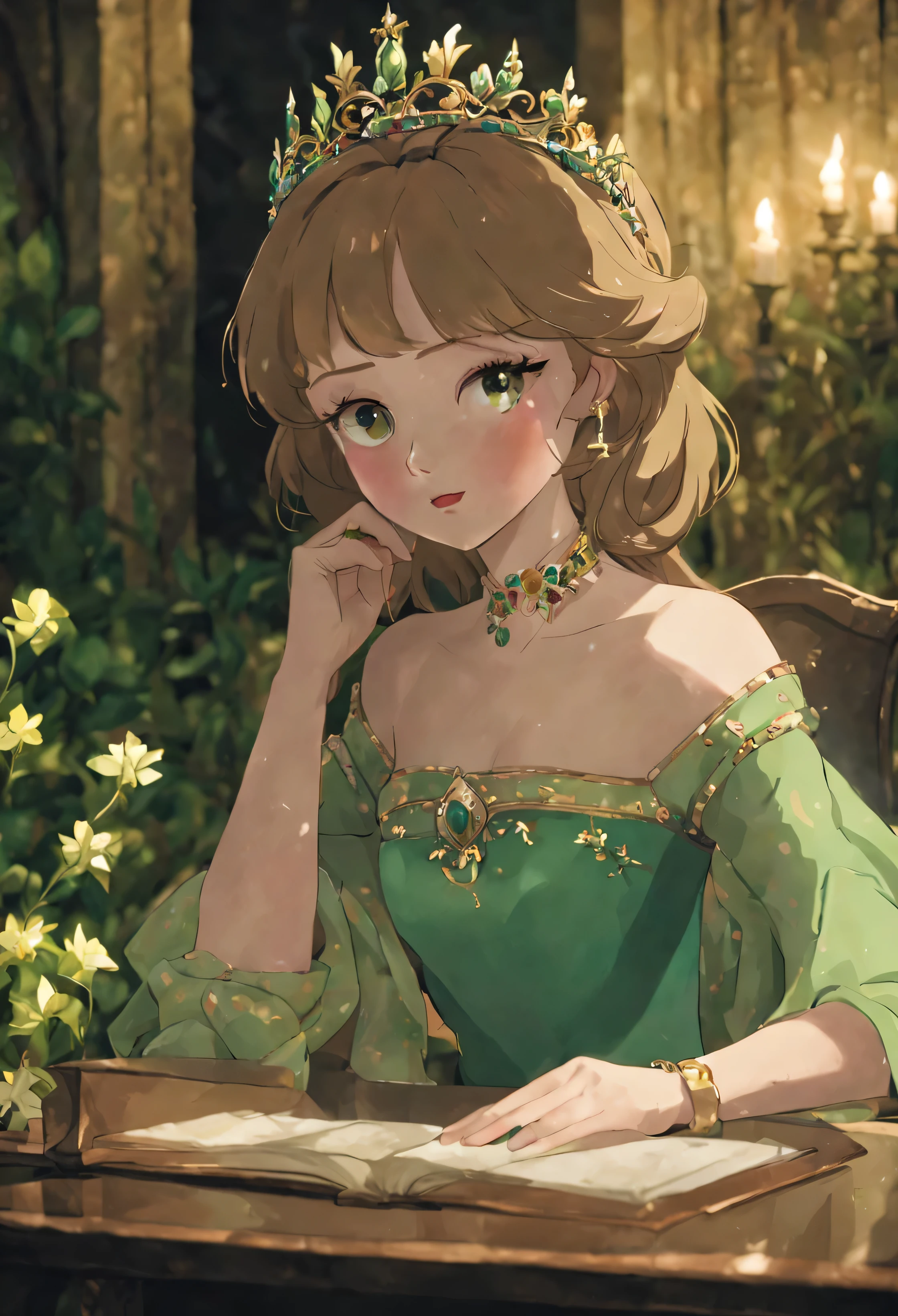 a very beautiful 18-year-old (in the film) young woman with fair skin, wide Shot, pink small lips, rosy cheeks, small green eyes, brown eyelashes and eyebrows, green tiara, long tiara, sitting at the desk in the old castle, surrounded by tress and flower, ((full body)) , back shot, low light, night time, looking at another side,