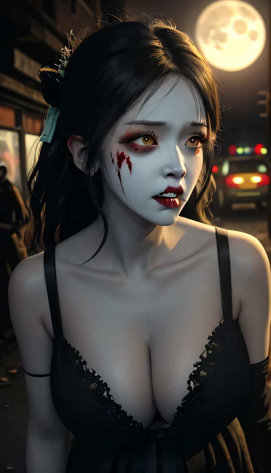 zombie girl, whole body, extremely rotten skin, skin fragments with yellow and scattered hair, empty eyes, terrifying facial expression, torn hanfu, tattered hanfu, night, desolate chinese street, full moon, empty eye sockets, vampire teeth, torn corners of the mouth, torn wounds, whole body blood, masterpiece, high resolution, best quality, super detail, intricate details, colorful, film composition, a close up of a woman with a bloody face, zombies apocalipsis, zombie with white eyes, in the walking dead, zombie, zombies, man mutating to zombie, zombie face, walking dead, the walking dead, zombie's, zombified, zombie in horror Concept Art, Evil Zombie, Hauntingly Beautiful Zombie, Zombies Attack, Big Tits, 36D, Big , Sexy, Buttocks, Hot, Big Breasts, Cleavage, Big Tits, Detailed