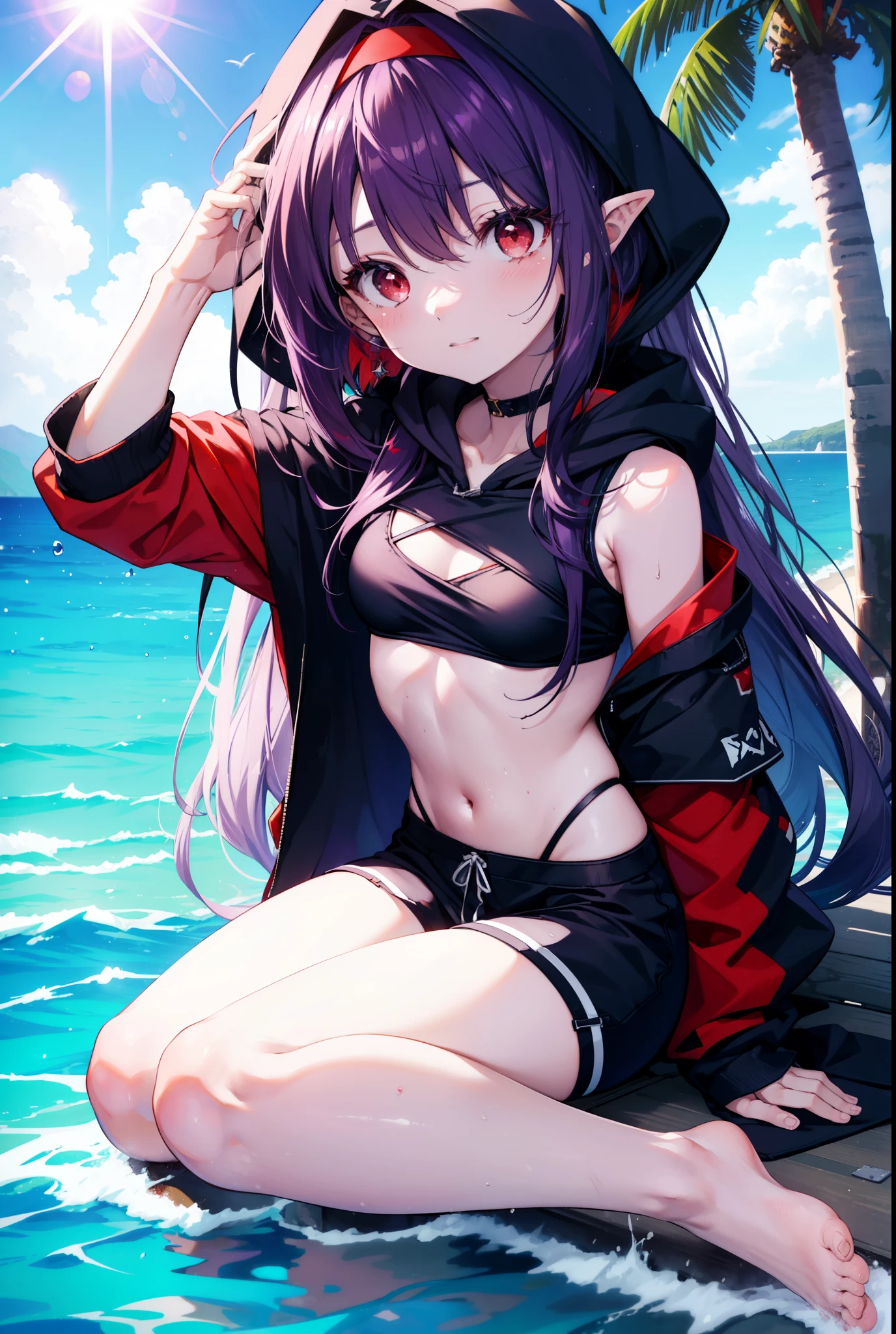 yuukikonno, Yuki Konno, long hair, hair band, pointed ears, purple hair, smile,blush,(red eyes:1.5), (small breasts:1.2), open your mouth,Purple sleeveless hoodie with hair tucked into the hood,wearing a hood,shorts,barefoot,Cute Sandals,Midsummer,Palm tree,daytime,Light of the sun,
壊す looking at viewer, Upper body, whole body,
break outdoors, coastal street,destroy the beach (masterpiece:1.2), highest quality, High resolution, unity 8k wallpaper, (figure:0.8), (detailed and beautiful eyes:1.6), highly detailed face, perfect lighting, Very detailed CG, (perfect hands, perfect anatomy),
