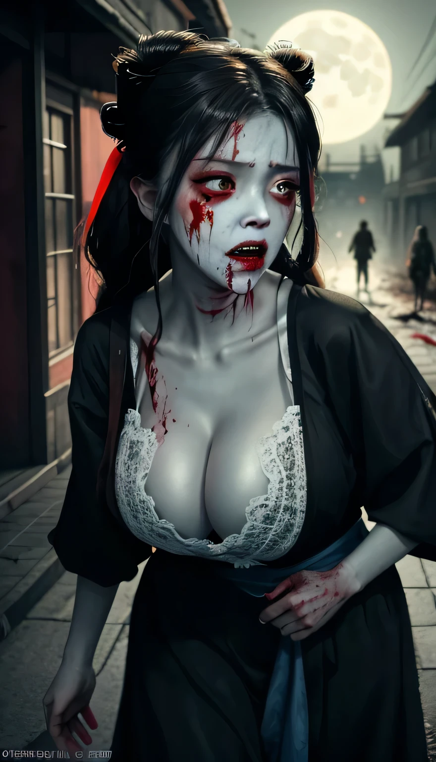 zombie girl, whole body, extremely rotten skin, skin fragments with yellow and scattered hair, empty eyes, terrifying facial expression, torn hanfu, tattered hanfu, night, desolate chinese street, full moon, empty eye sockets, vampire teeth, torn corners of the mouth, torn wounds, whole body blood, masterpiece, high resolution, best quality, super detail, intricate details, colorful, film composition, a close up of a woman with a bloody face, zombies apocalipsis, zombie with white eyes, in the walking dead, zombie, zombies, man mutating to zombie, zombie face, walking dead, the walking dead, zombie's, zombified, zombie in horror Concept Art, Evil Zombie, Hauntingly Beautiful Zombie, Zombies Attack, Big Tits, 36D, Big , Sexy, Buttocks, Hot, Big Breasts, Cleavage, Big Tits, Detailed