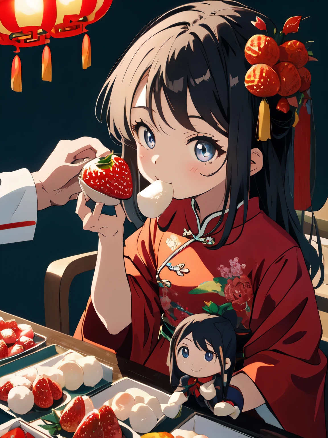highest quality、masterpiece、High quality、anime、Shining eyes、cute girl、Wearing a five-year-old Chinese costume、Doll&#39;s Festival、Eating strawberry daifuku、Frolic happily、bright pop background