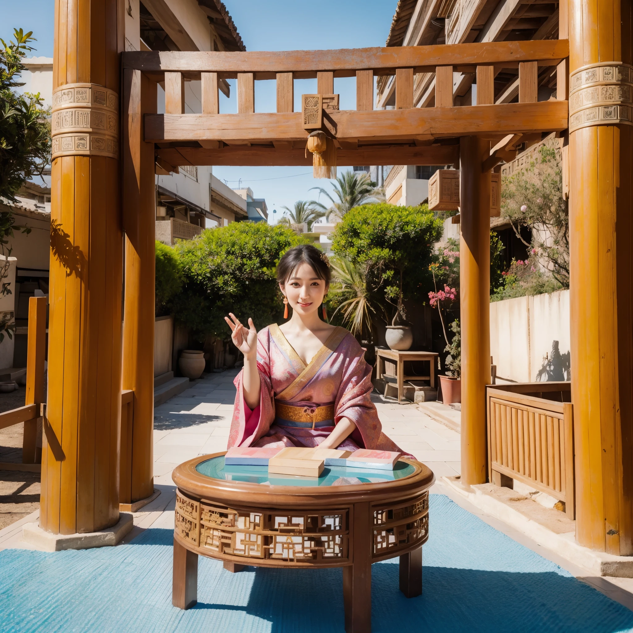 (best quality, highres, realistic, vivid colors), portrait, Japanese actress, Baghdad, Iraq, beautiful, elegant, traditional costume, graceful pose, delicate features, almond-shaped eyes, porcelain skin, radiant smile, vibrant colors, intricate patterns, cultural fusion, exotic setting, ancient architecture, bustling streets, vibrant atmosphere, contrasting cultures, historical charm, captivating expression