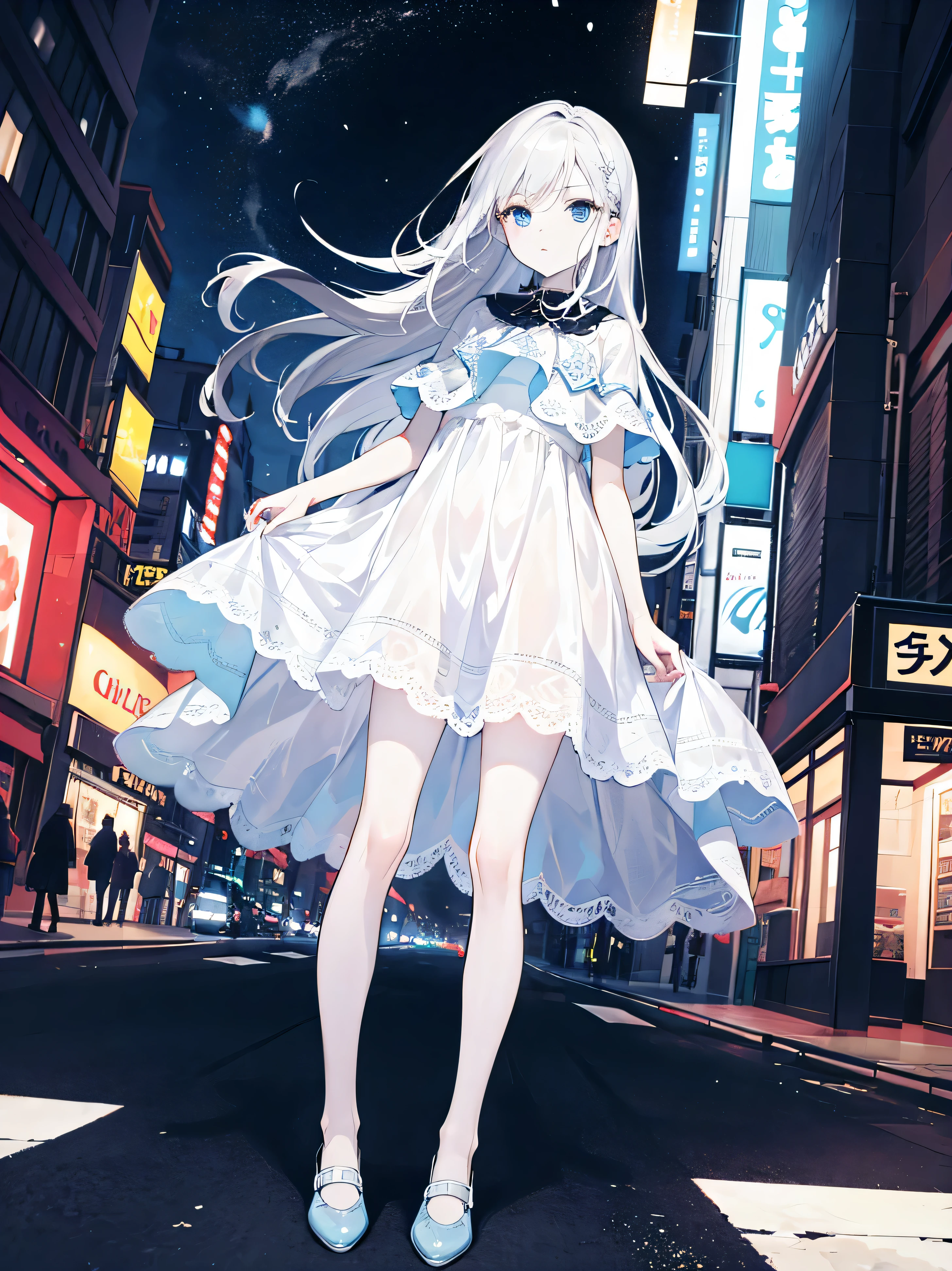 ((best quality)), ((masterpiece)), (detailed), perfect face,White long skirt,blue eyes,silver hair,flat shoes,long legs,White skin,icy look in the eye,city lights background,lively street,higher contrast,night,Oval face