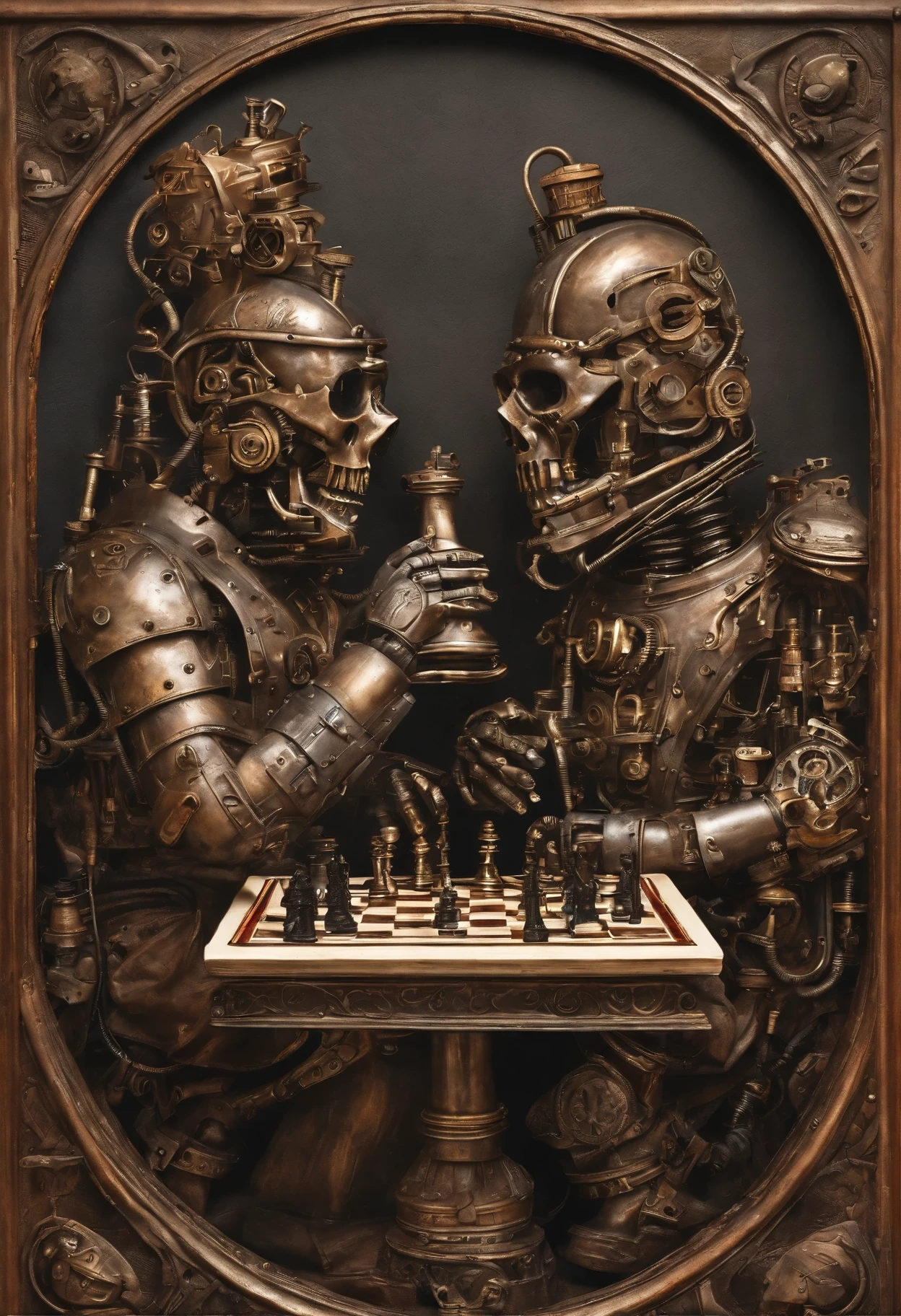 realistic image of two terminators cyborgs play chess in hell. full details

