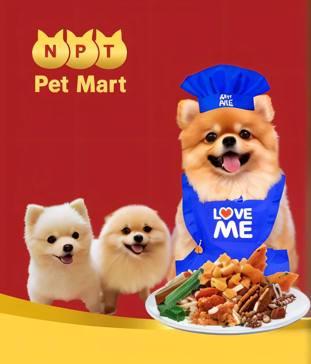 there are two dogs that are standing next to a plate of food, pet, pet animal, pelt, market, pets, rocket, mall, vat, dog, dog man, pot, help me, metropolitan, live, pomeranian, happy, chicken, card, nugget, ready to eat, nami, warm, anthropomorphic dog eating, hot