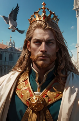 An antique sculpture of the Arath, a man with a long beard and a crown, surrounded by pigeons, a finely detailed portrait of a medieval monarch, a portrait of a medieval king, a medieval king, the Golden Lion Award at the Venice Biennale, a fantasy artwork with 4K resolution and intricate details, depicting the noble attire and majestic presence of an emperor, dressed as a Renaissance emperor, with 4K resolution and exquisite post-processing, showcasing the finest details in 4K resolution, and highlighting the meticulously crafted details in 8K resolution.