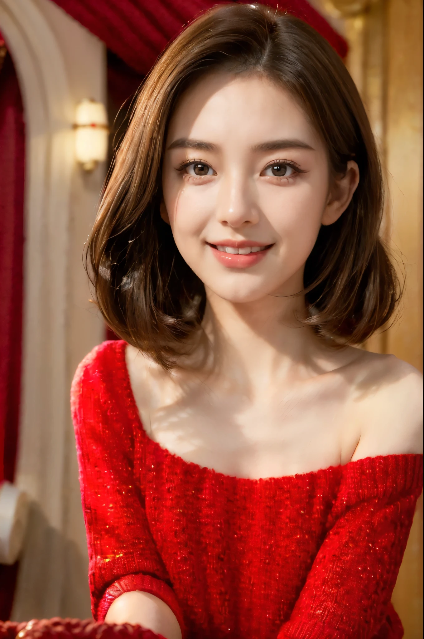 ((((8k))),((Extremely meticulous CG)),(wallpaper),16k,((Extremely refined and beautiful)),(((Masterpiece))),(((best qualtiy))),(((Ultra High Resolution))),beautiful light up,Perfect lightning,realistic shaded,(high resolution),(Smooth and flawless fair skin:1.5),(pale skin:1.3),Extremely exquisite facial details,(perfect body:1.1),ultra-detailed,a girl,(:1.3),solo,small head,(shoulder length straight bob hair:1.2),small face,(baby face:1.3),Exquisite makeup,(slim,thin),(happy:1.2),(laughing:1.3),(red sweater:1.5),(day scene:1.5),indoor,(At the entrance of a luxurious theater:1.3),(Spring Festival festive atmosphere:1.3),(detailed background:1.5),(close-up of face:1.5),(standing:1.2),(from front:1.3),(bright light:1.3),