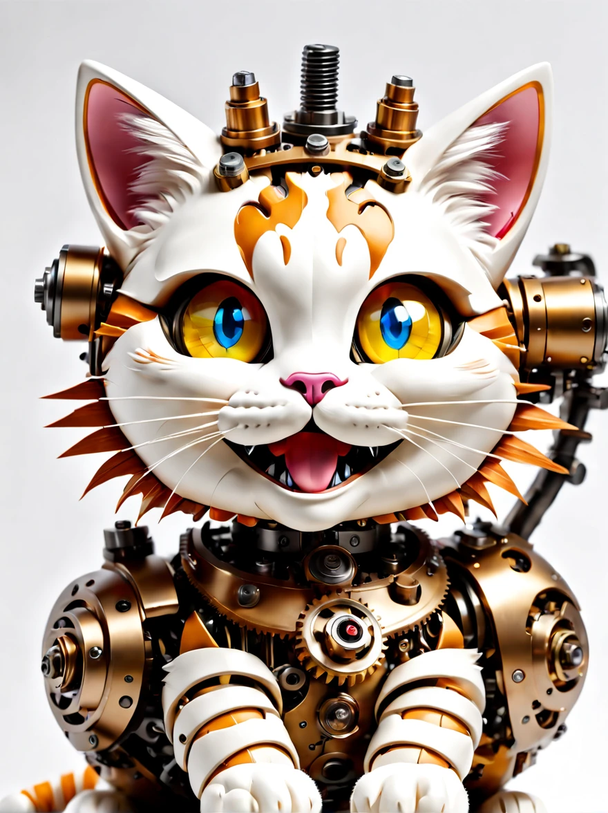 ulta detailed cute mechanical cat puppet, smiling, white background, gear, steam, intricate enginerring, head tilt