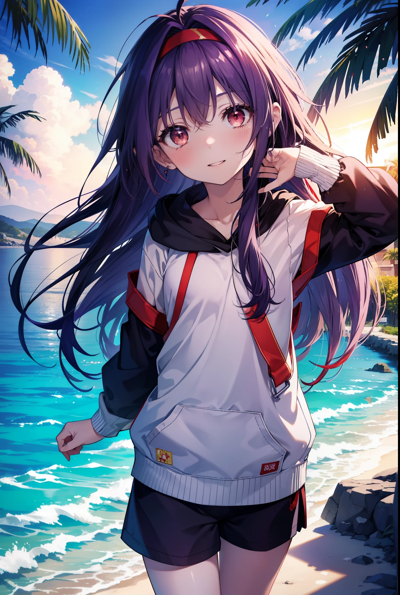 yuukikonno, Yuki Konno, long hair, hair band, pointed ears, purple hair, smile,blush,(red eyes:1.5), (small breasts:1.2), open your mouth,purple sleeveless hoodie,髪をフードの中に入れてwearing a hood,,wearing a hood,shorts,barefoot,Cute Sandals,Midsummer,Palm tree,daytime,Light of the sun,
壊す looking at viewer, Upper body, whole body,
break outdoors, coastal street,destroy the beach (masterpiece:1.2), highest quality, High resolution, unity 8k wallpaper, (figure:0.8), (detailed and beautiful eyes:1.6), highly detailed face, perfect lighting, Very detailed CG, (perfect hands, perfect ???????),