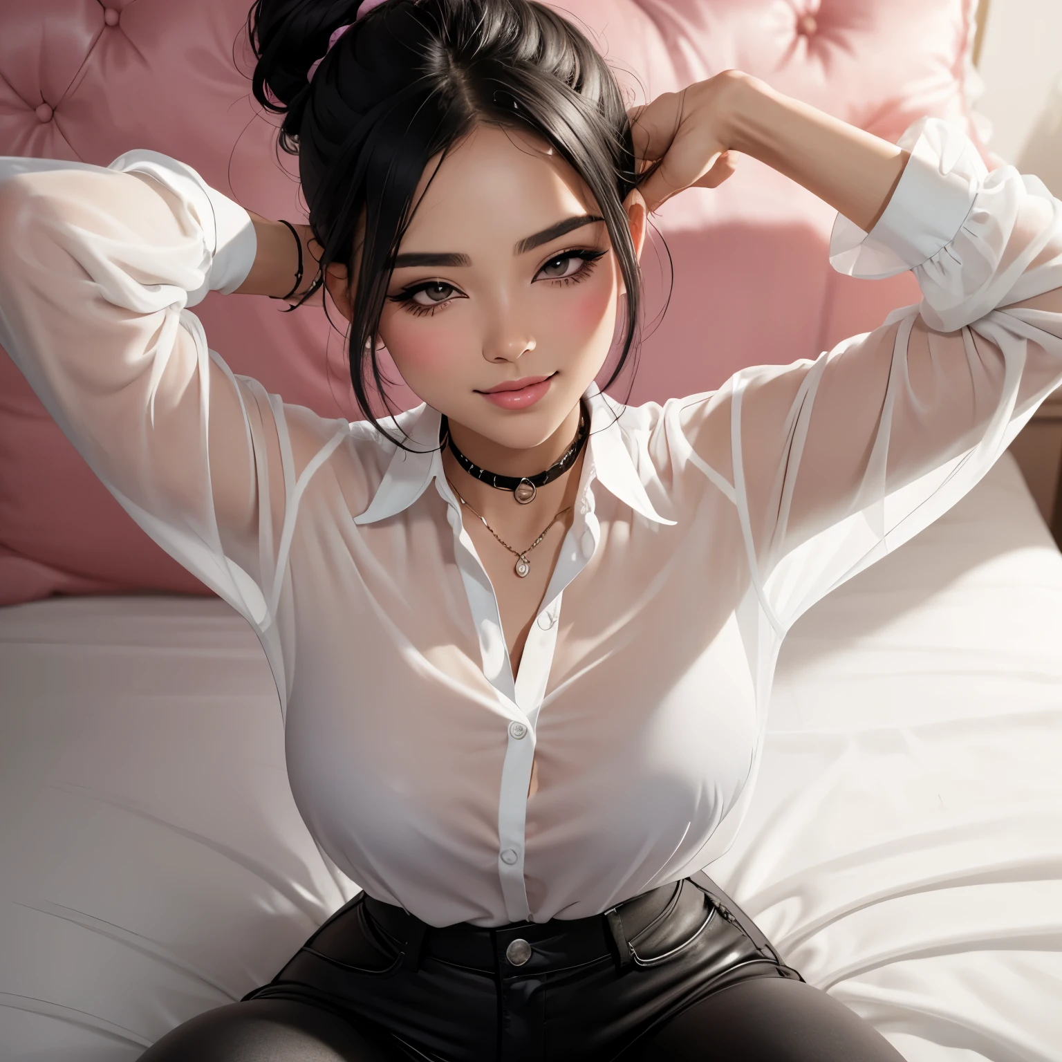 Sexy woman, black hair tied in a bun, smokey eyes, eyeliner, glossy lips parted, blushing intensely, smiling, pink and white loose sheer shirt, black pants, seductively posing on bed