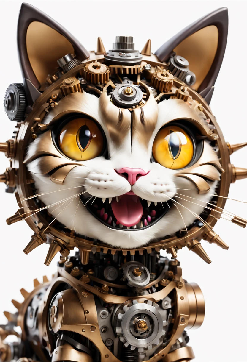 ulta detailed cute mechanical cat puppet, smiling, white background, gear, steam, intricate enginerring, head tilt