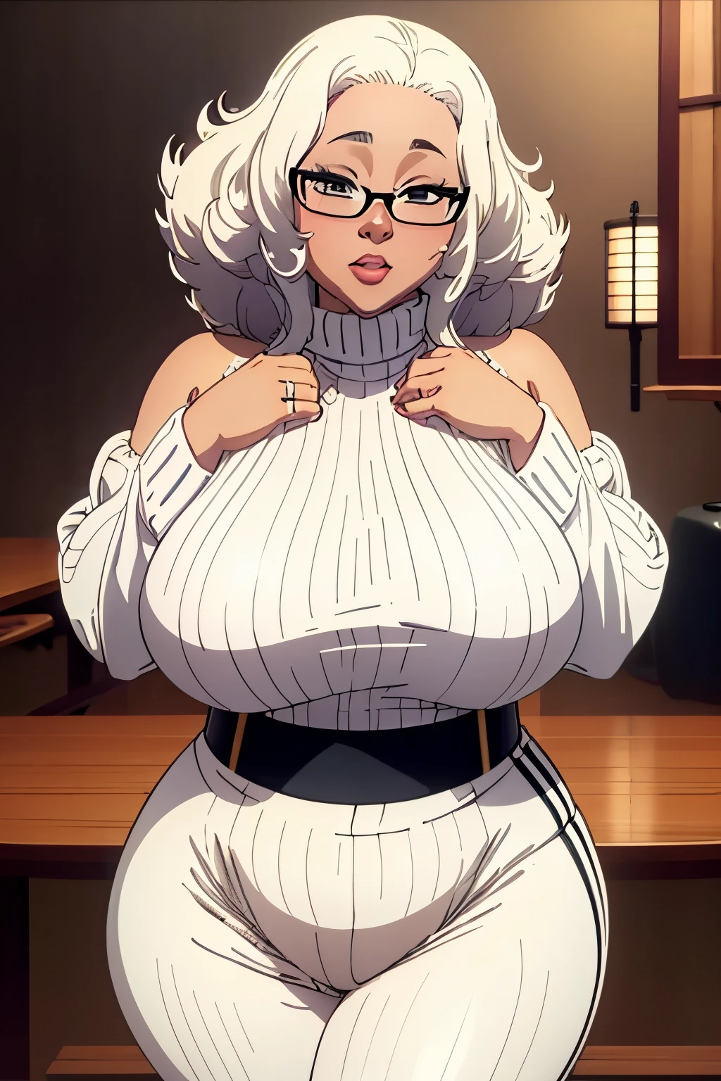 One Women, Albino, chubby-cheeks, pearly curly afro, full lips, small-breasts, plump-butt, off the shoulders sweater, tight leather pants , glasses , cold vibes, 4k resolution, japanese goddess, voluptuous, looking at viewer, dominant