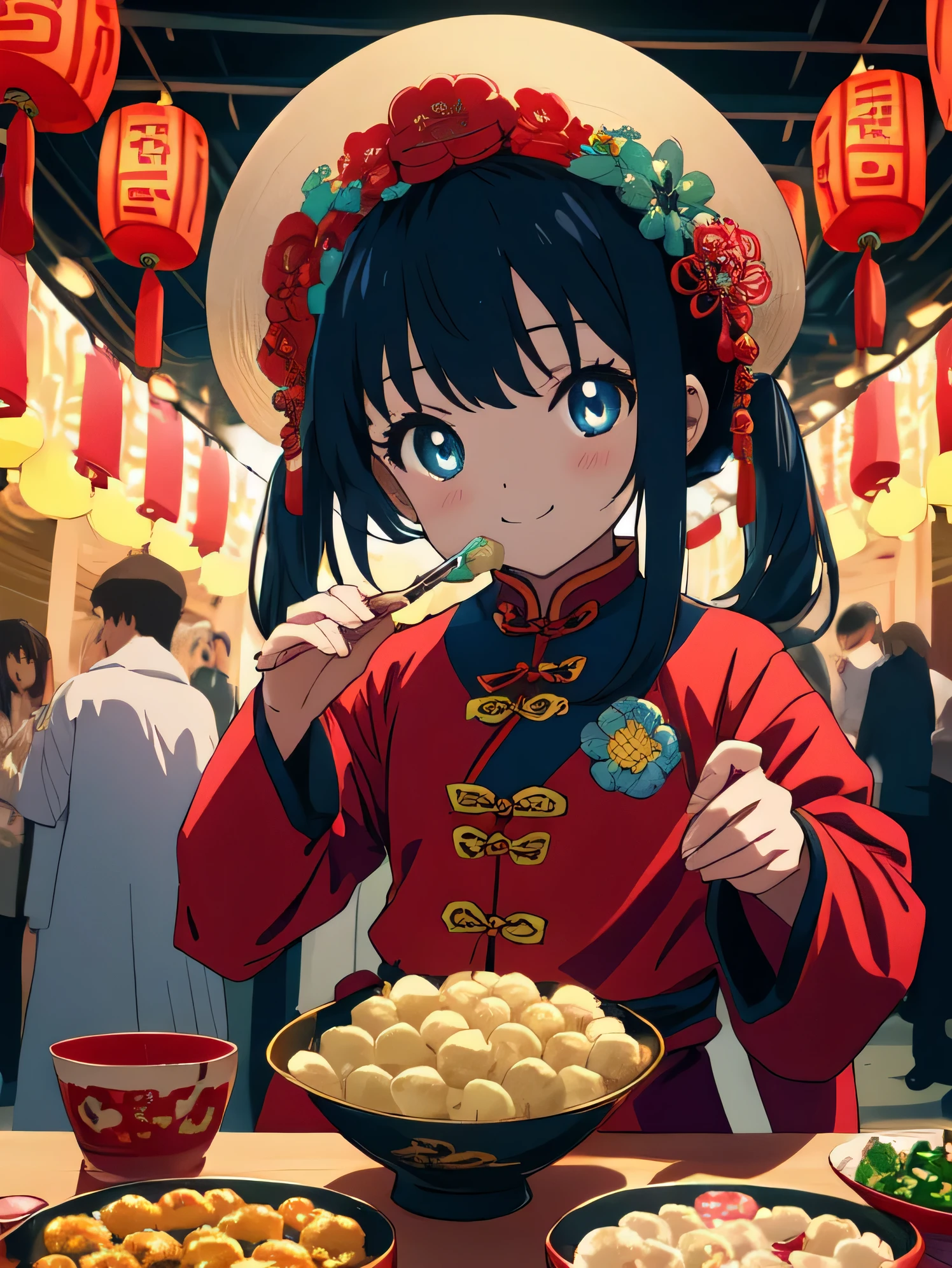 最high quality、masterpiece、high quality、anime、shining eyes、pretty girl、5 year old wearing Chinese costume、doll'festival、Eating tricolor gyoza、Frolic happily、bright background