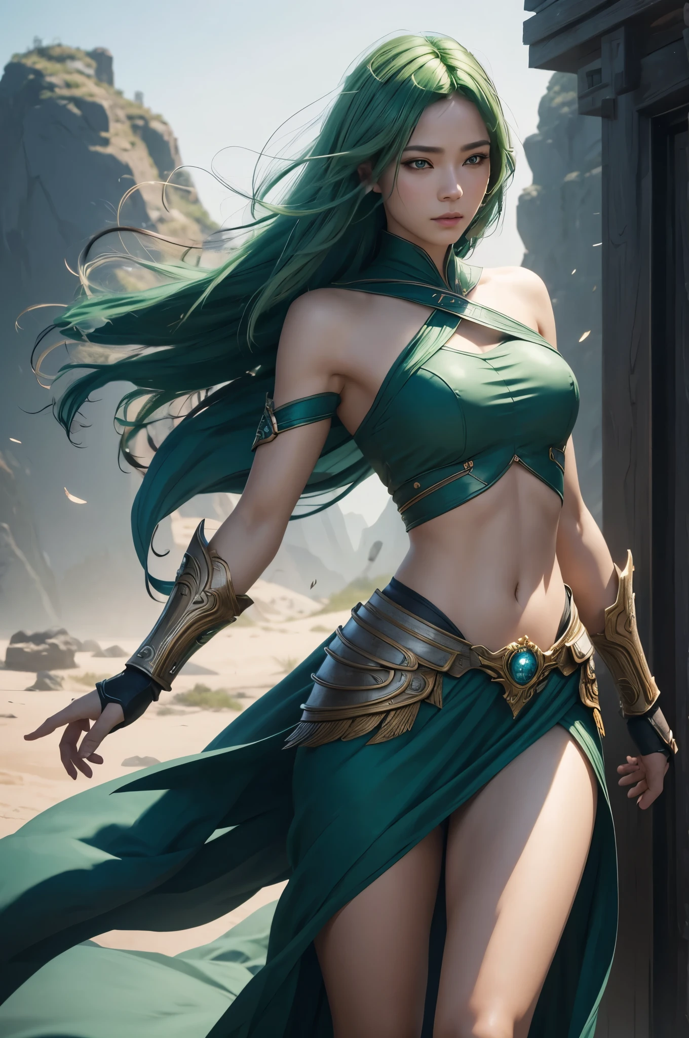 8k、alone,16歳のgoddess of the wind,Super beautiful(like the real thing),green eyes,Super beautiful,美しいGreen short bob hair,Flashy Fujin makeup,sexy wind god chest armor,sexy green shorts,Remains,amazing work of art、wind effect:1.9、cloud effect:1.2,full rendering、unreal engine,ultra high resolution,super realistic skin,Super precise hand details,fantasy art,Photorealistic RAW photos of the highest quality。Backlight, cinematic lighting, film grain, to be born, 50mm lens, Nikon D850,realistic skin,fantasy art,character art,ultra high resolution,Macho with a muscular slender body,Precise facial details,Improve the quality of facial expressions,accurate human body structure,perfect hands,Wind Hair Ornament,wind shoulder armor,gauntlet of wind,wind leg armor,Violent and strongly cracked abdominal muscles,goddess of the wind,perspective from above,Close-up,Green short bob hair,float,have a long and large spear(Wind god's spear),battle scene,fighting pose,dynamic pose,grim expression,view audience,