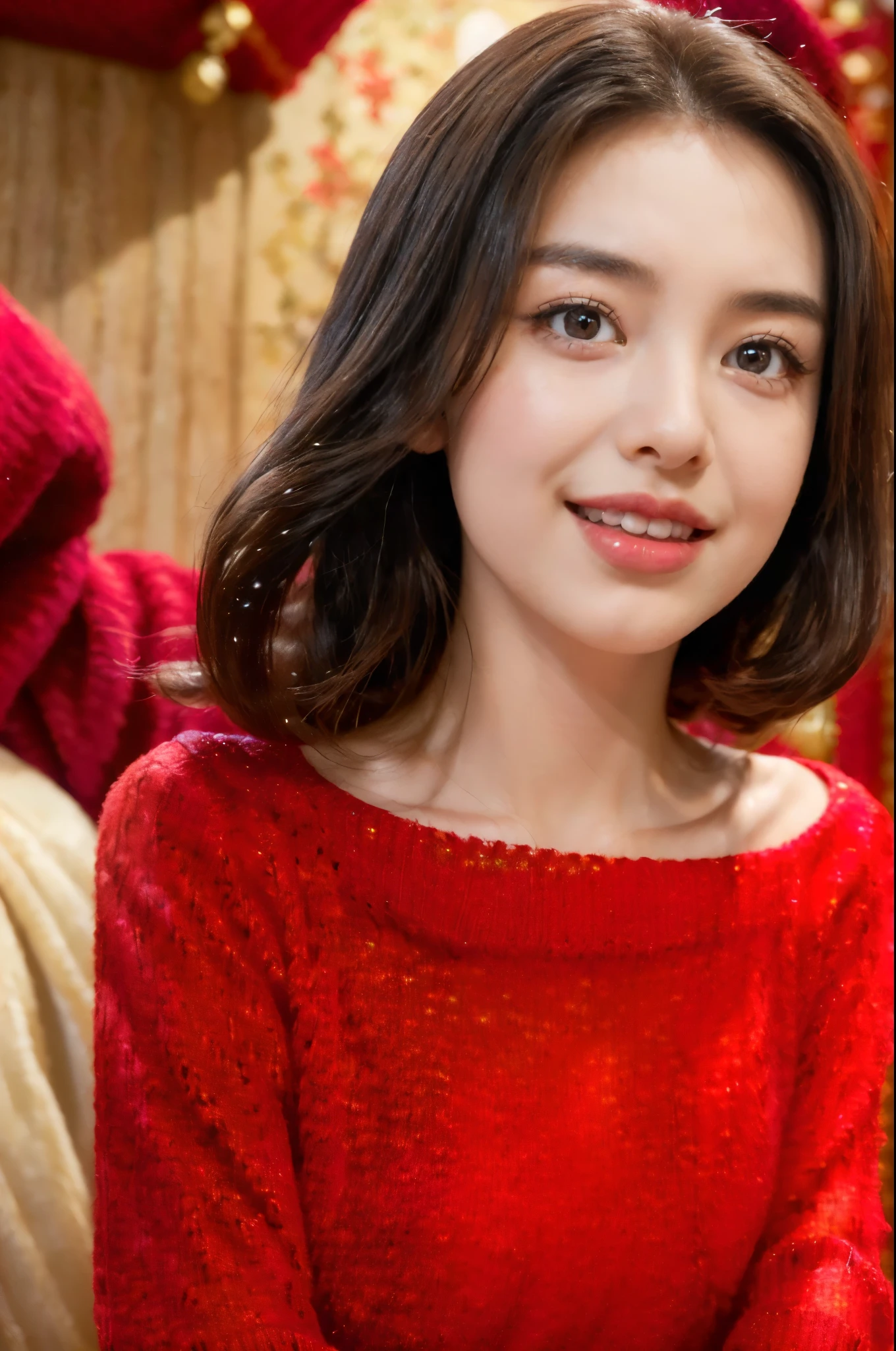((((8k))),((Extremely meticulous CG)),(wallpaper),16k,((Extremely refined and beautiful)),(((Masterpiece))),(((best qualtiy))),(((Ultra High Resolution))),beautiful light up,Perfect lightning,realistic shaded,(high resolution),(Smooth and flawless fair skin:1.5),(pale skin:1.3),Extremely exquisite facial details,(perfect body:1.1),ultra-detailed,a girl,(:1.3),solo,small head,(shoulder length straight bob hair:1.2),small face,(baby face:1.3),Exquisite makeup,(slim,thin),(happy:1.2),(laughing:1.3),(red sweater:1.5),(day scene:1.5),indoor,(At the entrance of a luxurious theater:1.3),(Spring Festival festive atmosphere:1.3),(detailed background:1.5),(close-up of face:1.5),(standing:1.2),(from front:1.3),(bright light:1.3),