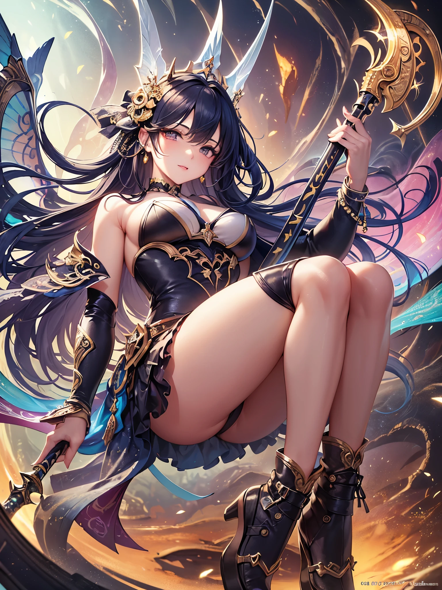 ((highest quality)),(ultra high resolution),(Super detailed),(detailed description),((best CG)),(best work of art),super precision art,amazing drawing art,(Fantasy art with precise details:1.5), (1 woman:1.8), An angel swinging a big ax at the devil, female devil lying on the ground