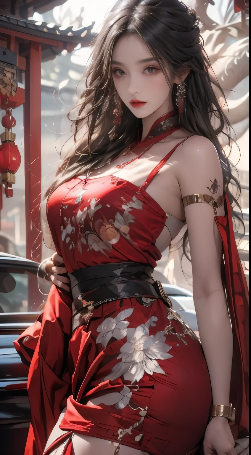 realistically, high resolution, 1 female, butt lift, beautiful eyes, long gray hair, eye socket, jewelry, tattoo is, Hanfu, a beautiful woman in china, Red embroidered Hanfu，red cloak，