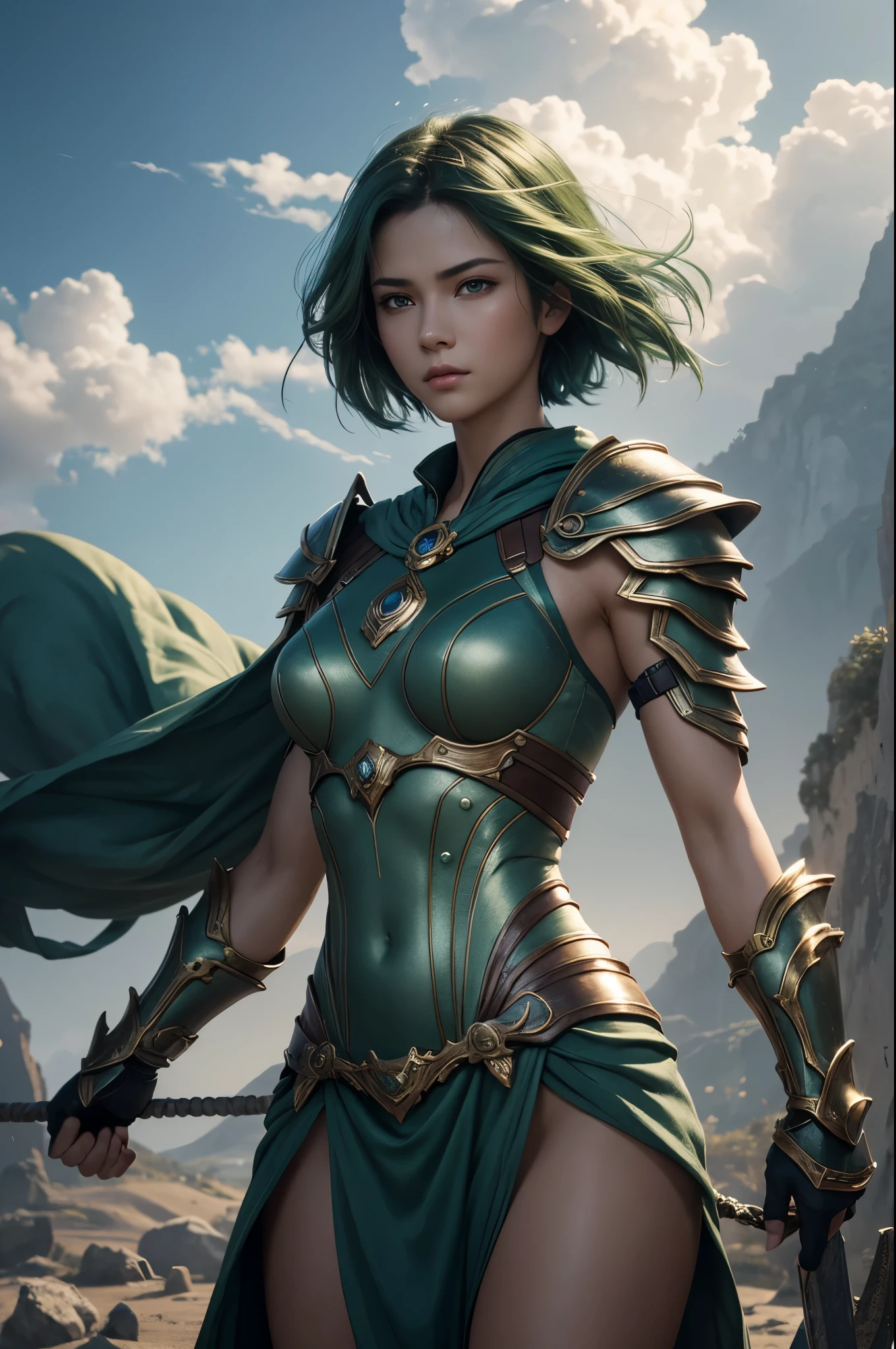 8k、alone,笑顔の16歳のgoddess of the wind,Super beautiful(like the real thing),green eyes,Super beautiful,美しいGreen short bob hair,Flashy Fujin makeup,sexyな風神の胸鎧,sexy,Remains,amazing work of art、wind effect:1.9、cloud effect:1.2,full rendering、unreal engine,ultra high resolution,super realistic skin,Super precise hand details,fantasy art,Photorealistic RAW photos of the highest quality。Backlight, cinematic lighting, film grain, to be born, 50mm lens, Nikon D850,realistic skin,fantasy art,character art,ultra high resolution,Macho with a muscular slender body,Precise facial details,grim expression,Improve the quality of facial expressions,accurate human body structure,perfect hands,Wind Hair Ornament,wind shoulder armor,gauntlet of wind,wind leg armor,Violent and strongly cracked abdominal muscles,goddess of the wind,perspective from above,Close-up,Green short bob hair,