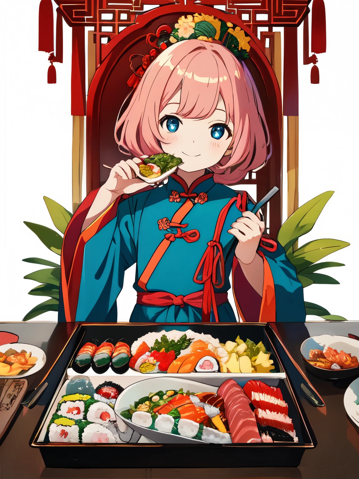highest quality、masterpiece、High quality、anime、Shining eyes、cute girl、Wearing a -year Chin costume、Doll's Festival、Eating chirashi sushi、Frolic happily、bright background