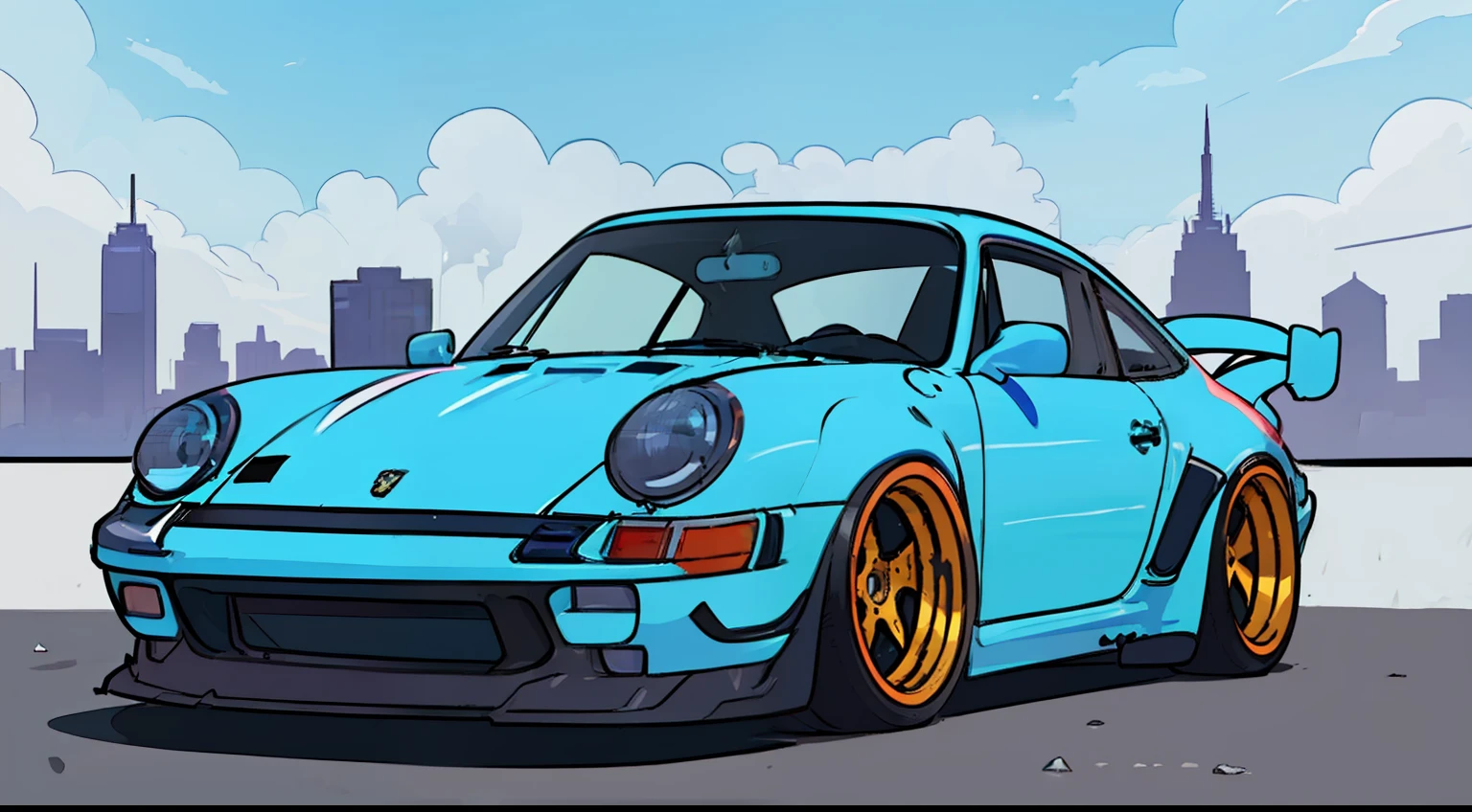 nvinkpunk, painting of a city with a blue Porsche 911 rwb rotting,wide bodykit, large wheels, high quality,