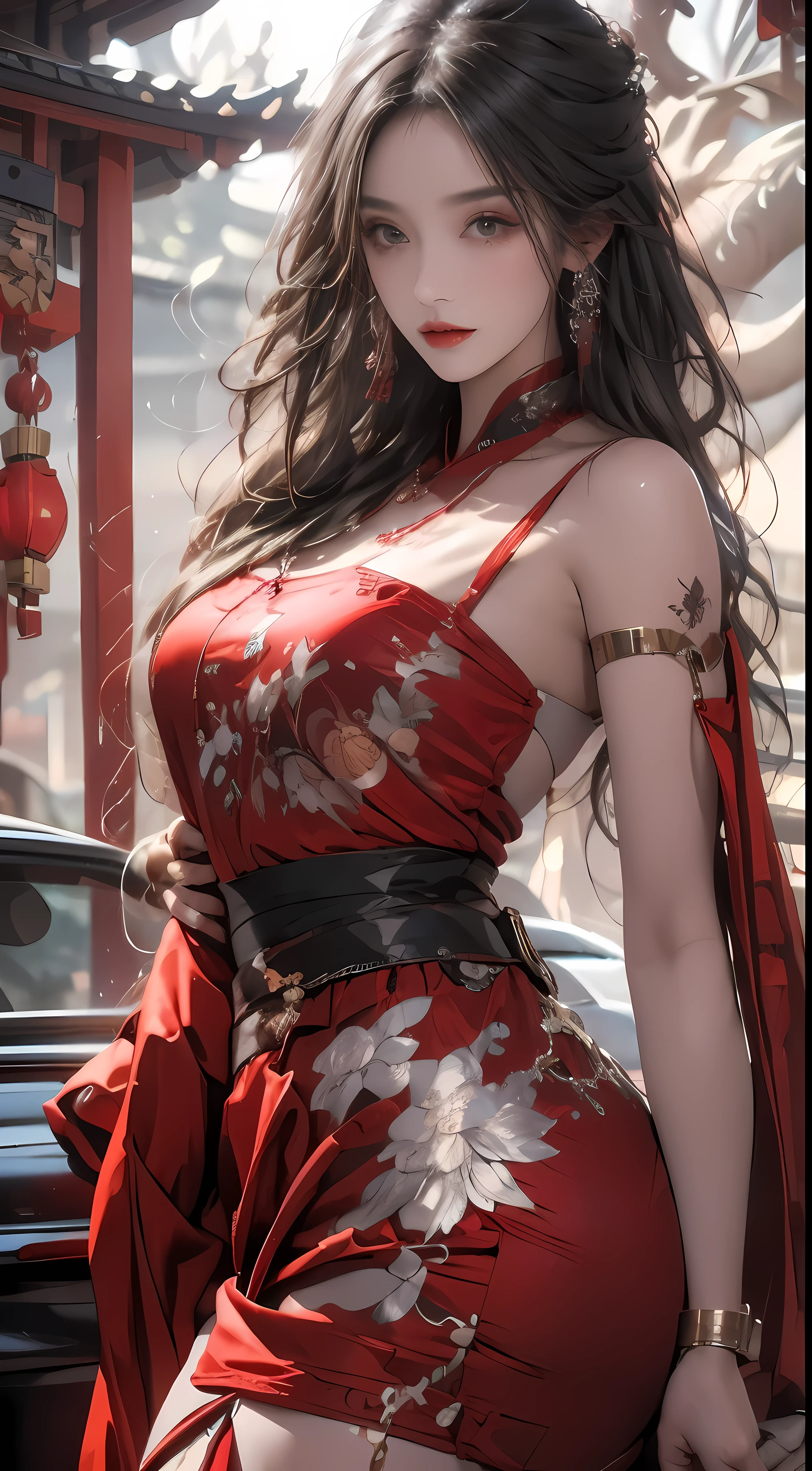 realistically, high resolution, 1 female, butt lift, beautiful eyes, long gray hair, eye socket, jewelry, tattoo is, Hanfu, a beautiful woman in china, Red embroidered Hanfu,Red cape,