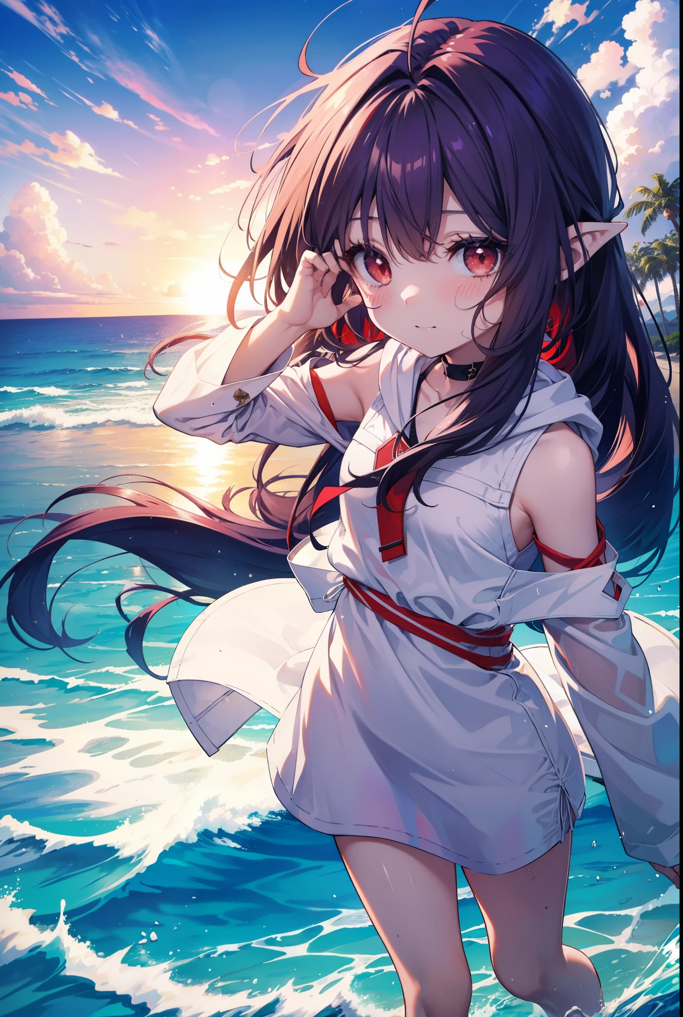 yuukikonno, Yuki Konno, long hair, hair band, pointed ears, purple hair, smile,blush,(red eyes:1.5), (small breasts:1.2), open your mouth,purple sleeveless hoodie,髪をフードの中に入れてwearing a hood,bare arms,,wearing a hood,shorts,barefoot,Cute Sandals,Midsummer,Palm tree,daytime,Light of the sun,walking on the sandy beach,
壊す looking at viewer, Upper body, whole body,
break outdoors, coastal street,destroy the beach (masterpiece:1.2), highest quality, High resolution, unity 8k wallpaper, (figure:0.8), (detailed and beautiful eyes:1.6), highly detailed face, perfect lighting, Very detailed CG, (perfect hands, perfect anatomy),