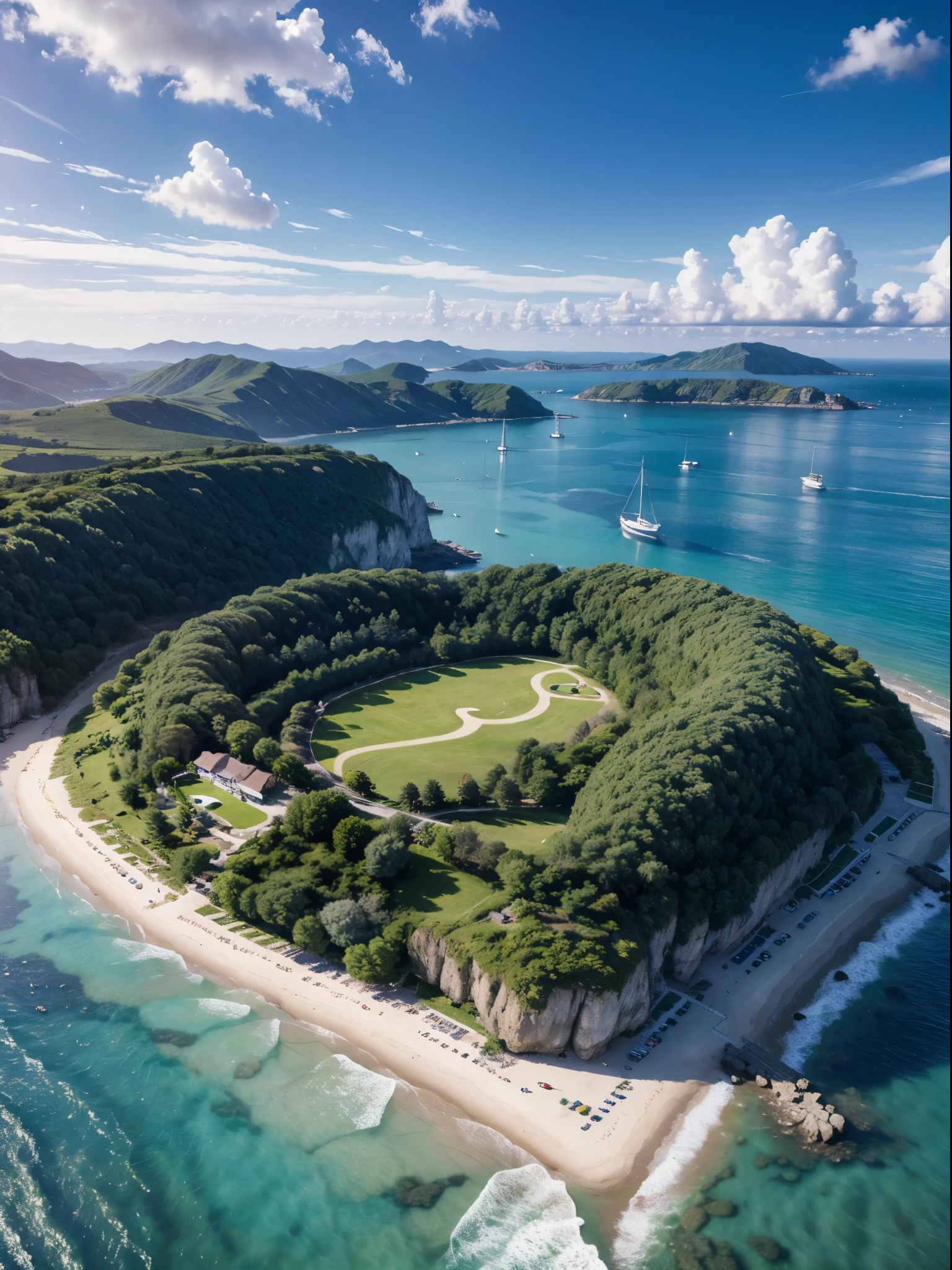 Very fine drawing, small village port, distant sailing ship, breeze, beautiful fluffy clouds, calm summer, incredibly beautiful anime scenery, calm morning, distance forest hill, distance sea cliff, Palm tree, beautiful anime scenery, view from above, anime movie background, high quality desktop wallpapers, landscape wallpaper
