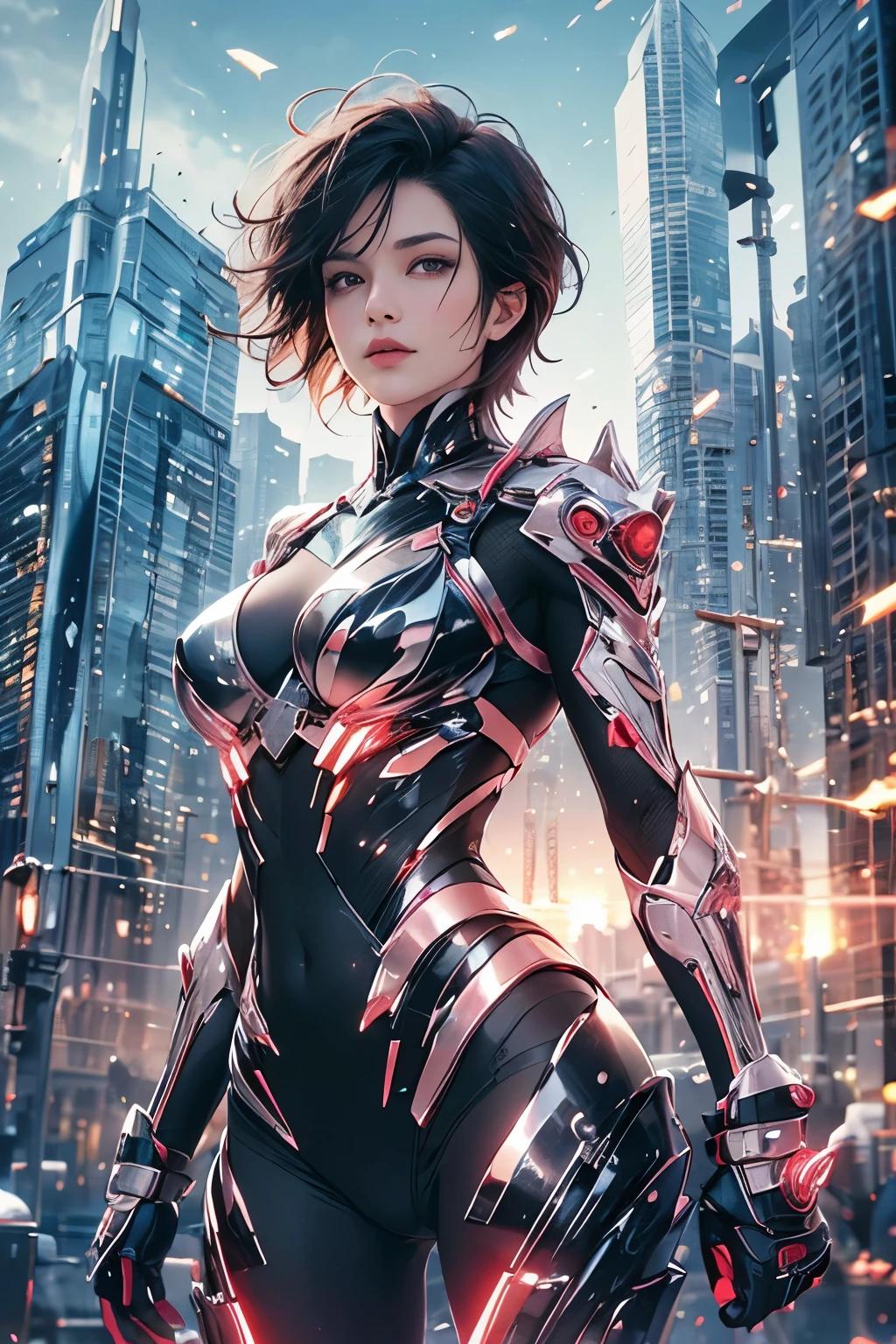 (best quality,4k,8k,highres,masterpiece:1.2),ultra-detailed,(realistic,photorealistic,photo-realistic:1.4),cybersuit-wearing,robotic figure,standing near a building,1 girl,standing alone,looking at the audience,upper body,short hair,chest,black hair,lips,extremely detailed eyes and face,beautiful detailed eyes,double eyelids,delicate skin,slender physique,stunning gaze,alone