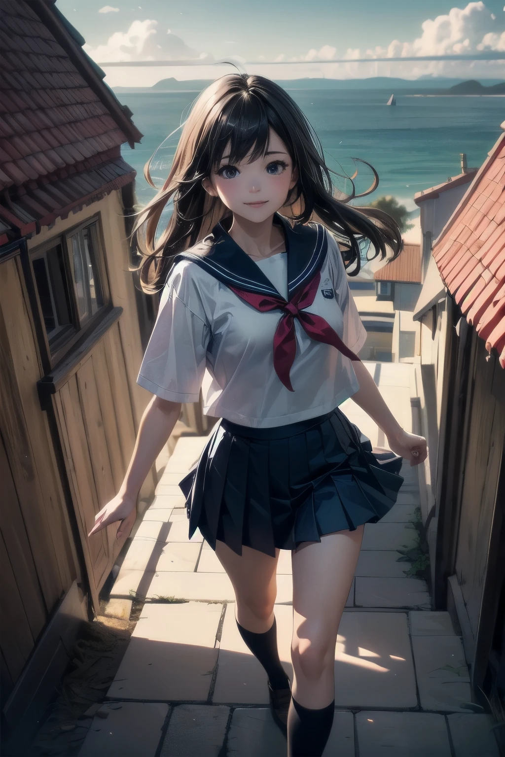 very cute and beautiful school girl viewing sea on hilltop,(highly detailed beautiful face),
(smile),cowboy shot,(sailor school uniform,pleated navy blue mini skirt),black hair,zettai ryouiki,
(looking at sea,from top of hill),many houses with red roof,detailed landscape,
(best quality,masterpiece:1.2),absurdres,highres,ultra-detailed,extremely detailed,32k,8k resolution,
intricate details,cinematic scene,detailed background,solo,dynamic angle,
natural lighting,hair fluttering in the wind,beautiful detailed sky,