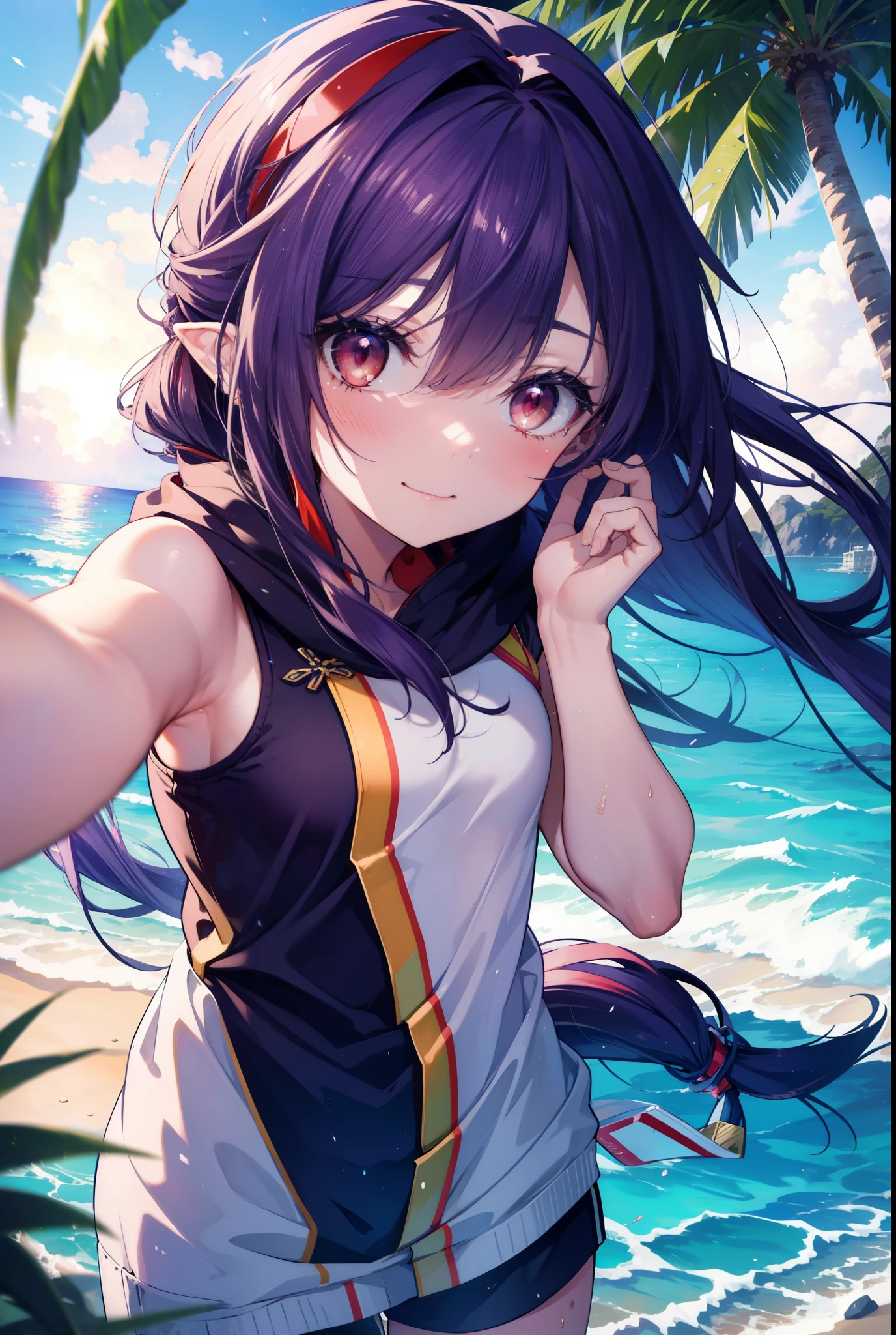yuukikonno, Yuki Konno, long hair, hair band, pointed ears, purple hair, smile,blush,(red eyes:1.5), (small breasts:1.2), open your mouth,purple sleeveless hoodie,髪をフードの中に入れてwearing a hood,bare arms,,wearing a hood,shorts,barefoot,Cute Sandals,Midsummer,Palm tree,daytime,Light of the sun,walking on the sandy beach,
壊す looking at viewer, Upper body, whole body,
break outdoors, coastal street,destroy the beach (masterpiece:1.2), highest quality, High resolution, unity 8k wallpaper, (figure:0.8), (detailed and beautiful eyes:1.6), highly detailed face, perfect lighting, Very detailed CG, (perfect hands, perfect anatomy),