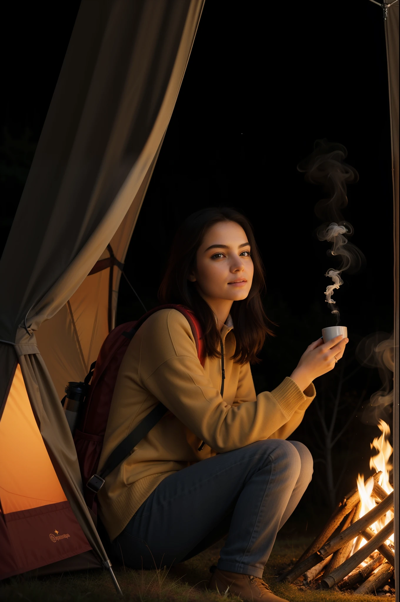 masterpiece, best quality, extremely detailed, hyperrealistic, photorealistic, warm hue, warm tone, a beautiful woman, ultra detailed face:1.2, at night:1.2, sitting near campfire, in a forest, with stars and milky way trails:1.1, holding the mug with both hands, real steam visible, smoke, shadows, tent, backpack