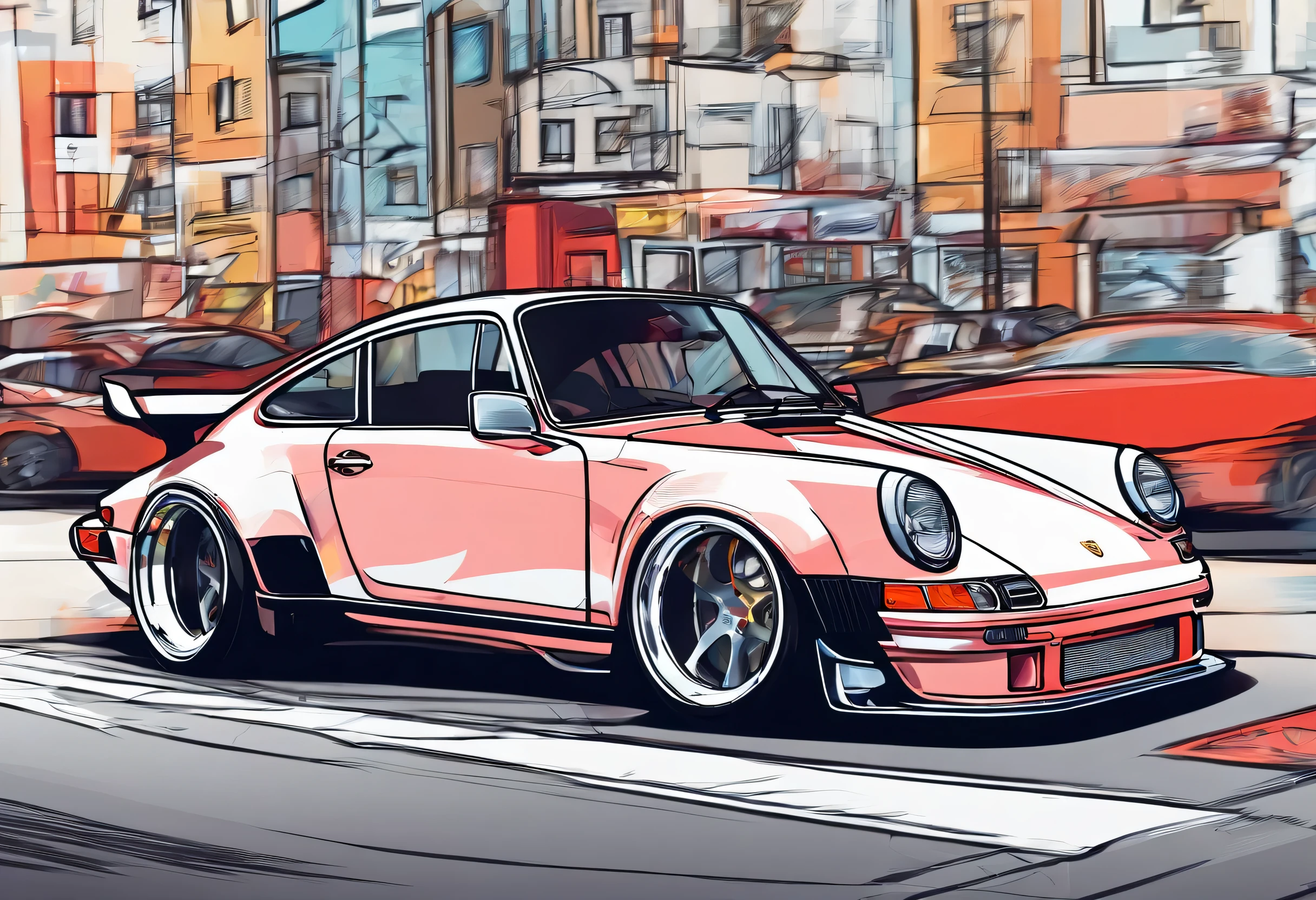Porsche 911 rwb, wide body, sketch,
cartoonish, comic strip, rendering, large wheels, bagged, slammed to the ground, empty parkinglot, style dessin manga, couleur