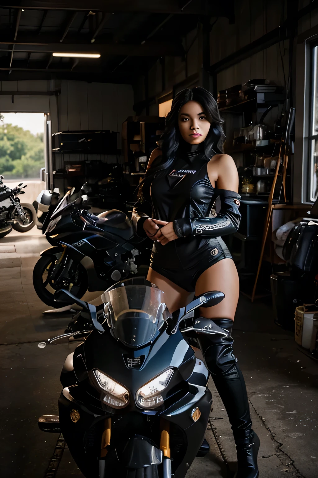 beautiful white woman with ebony hair, sur une superbike yamaha R6, old school american garage on background, lever du soleil, la photographie, Cinematic Lightning, 8K