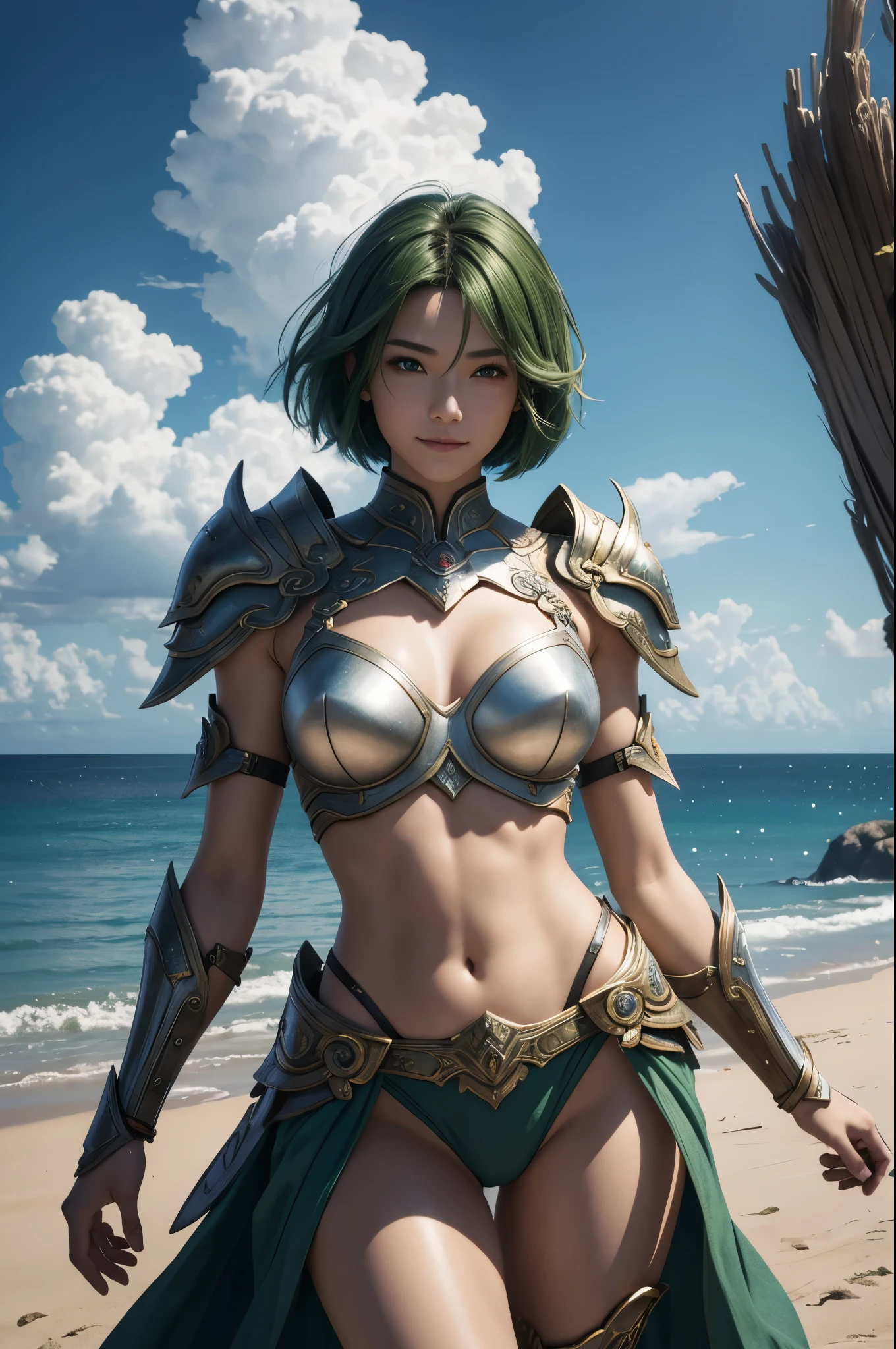 8k、alone,smileの16歳のgoddess of the wind,Super beautiful(like the real thing),green eyes,Super beautiful,美しいGreen short bob hair,Flashy Fujin makeup,sexyな風神の胸鎧,sexy,Remains,amazing work of art、wind effect:1.9、cloud effect:1.2,full rendering、unreal engine,ultra high resolution,super realistic skin,Super precise hand details,fantasy art,Photorealistic RAW photos of the highest quality。Backlight, cinematic lighting, film grain, to be born, 50mm lens, Nikon D850,realistic skin,fantasy art,character art,ultra high resolution,Macho with a muscular slender body,Precise facial details,Improve the quality of facial expressions,accurate human body structure,perfect hands,Wind Hair Ornament,wind shoulder armor,gauntlet of wind,wind leg armor,Violent and strongly cracked abdominal muscles,goddess of the wind,perspective from above,Close-up,Green short bob hair,smile,
