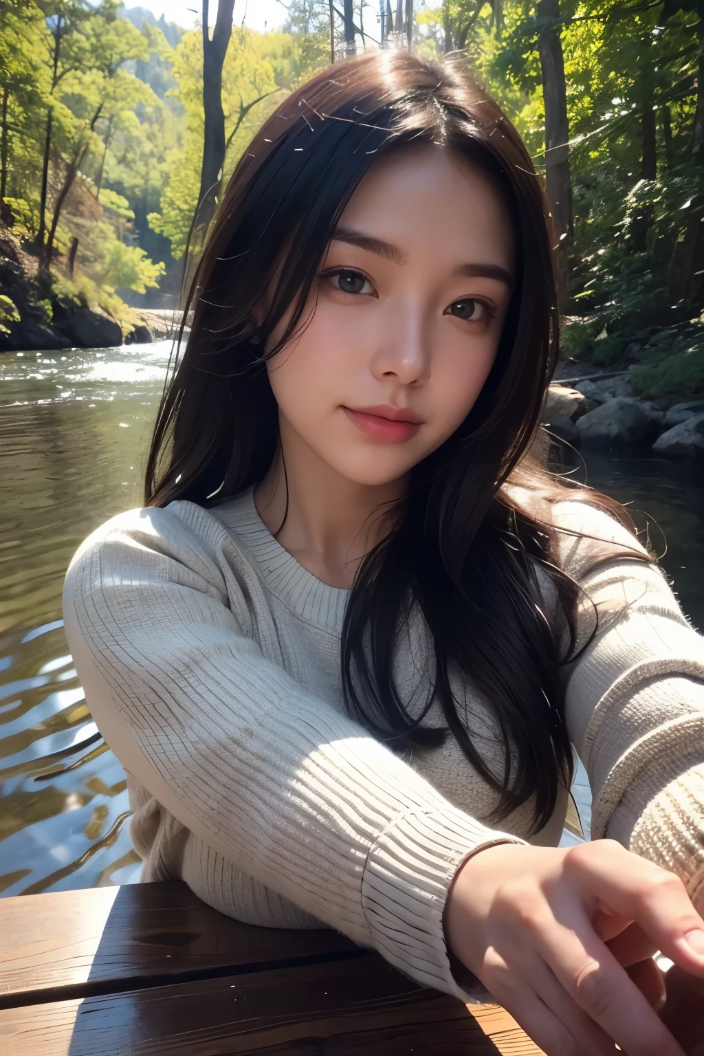 veronica cipher ((upper body selfie, Happy)), table top, top quality, Super detailed, alone, outdoors, Mont, nature, , Happy, hand armor, sweater, , forest, rock, river, wood, cigarette, Shadow, conlasty, clear sky, analog style (look at viewer:1.2) (skin texture) (film grain: 1.3), (warm shades, warm tones): 1.2), close, cinematic light, side light, ultra high resolution, Best Shadow, born, wearing a pullover, kodak vision 3,