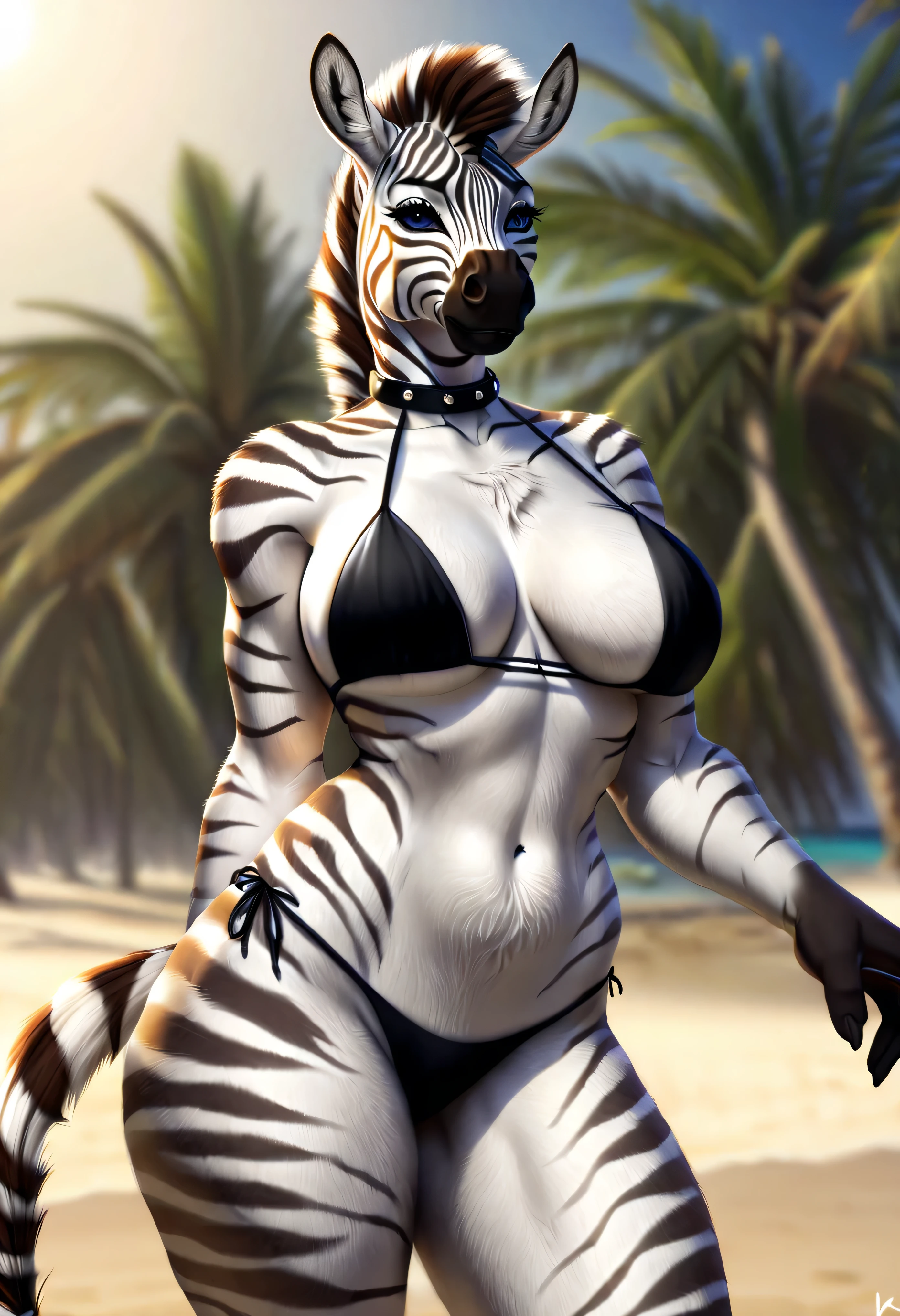 4k highly detailed realistic digital extremely high quality drawing, masterpiece, (uploaded on e621), (a three-quarters portrait of a female anthro zebra, furry), (posing on a beach, collared, wearing a micro bikini), (beautiful and detailed eyes: 1.1), fur, seductive, sexy, voluptuous, curvy body, cinematic lighting, (f1.8 short focus bokeh)